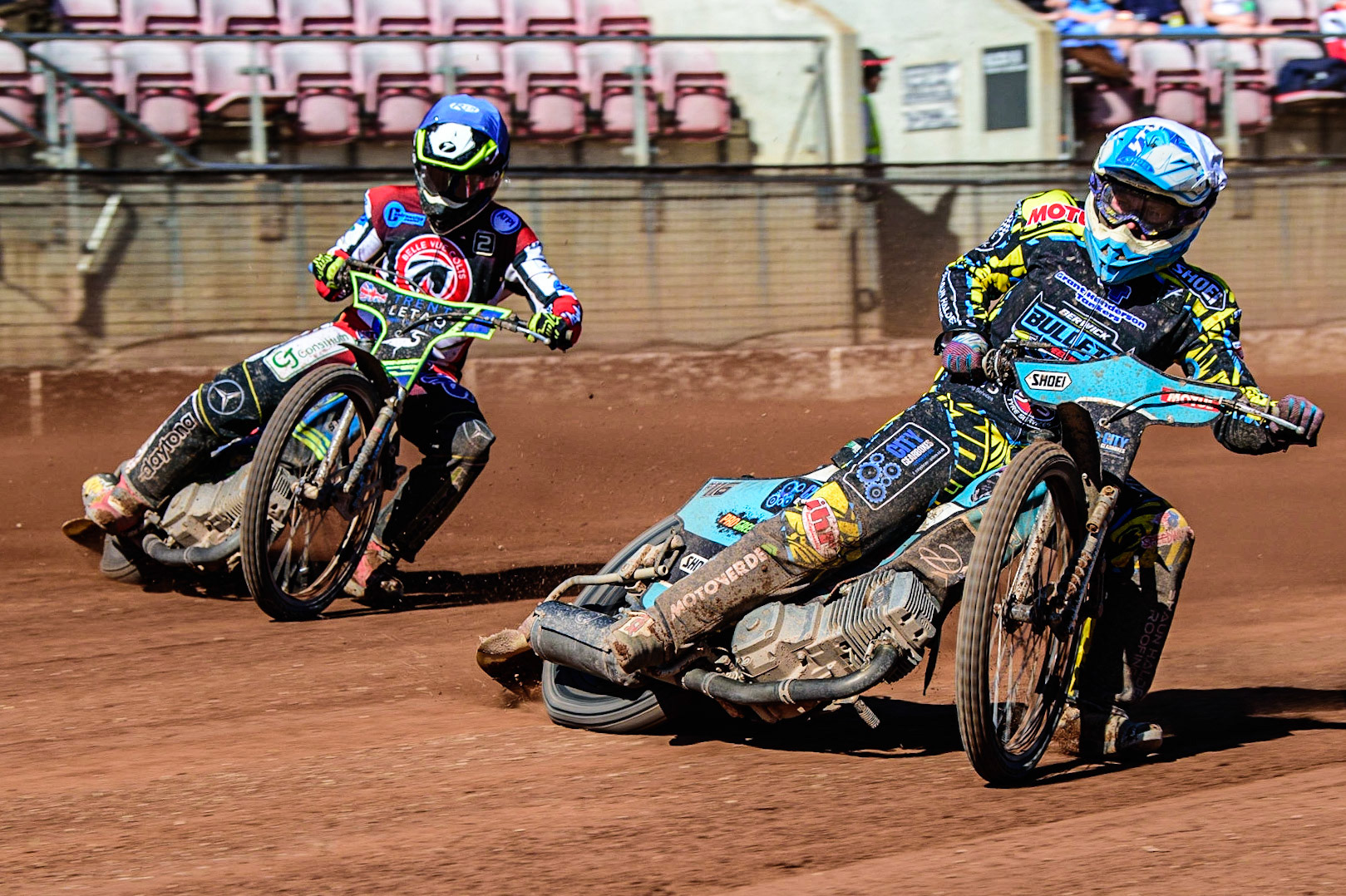 Jamie Halder  (White) leads Luke Muff  (Blue) during the National Development League match between Belle Vue Colts and Berwick Bullets at the National Speedway Stadium, Manchester on Friday 7th April 2023. (Photo: Ian Charles | MI News)