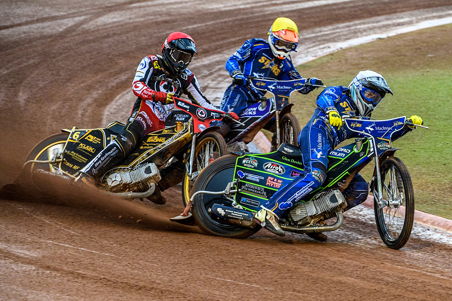 Kye Thomson (White) leads Norick Blodorn (Red) and Jason Edwards (Yellow) during the Sports Insure Premiership match between Belle Vue Aces and King's Lynn Stars at the National Speedway Stadium, Manchester on Monday 12th June 2023. (Photo: Ian Charles | MI News)