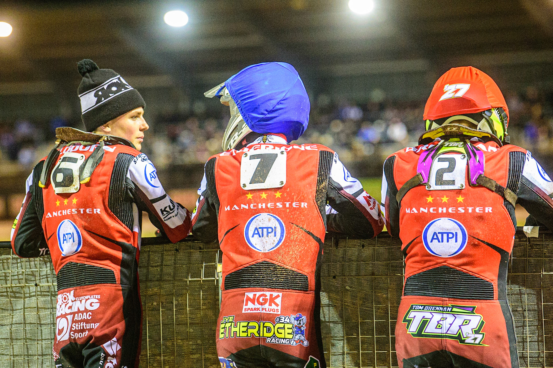 Norick Blodorn  (left) chats with Jye Etheridge and Tom Brennan (right) as they watch the track prep during the SGB Premiership Semi Final 2nd Leg between Belle Vue Aces and Ipswich Witches at the National Speedway Stadium, Manchester on Monday 3rd October 2022. (Credit: Ian Charles | MI News)