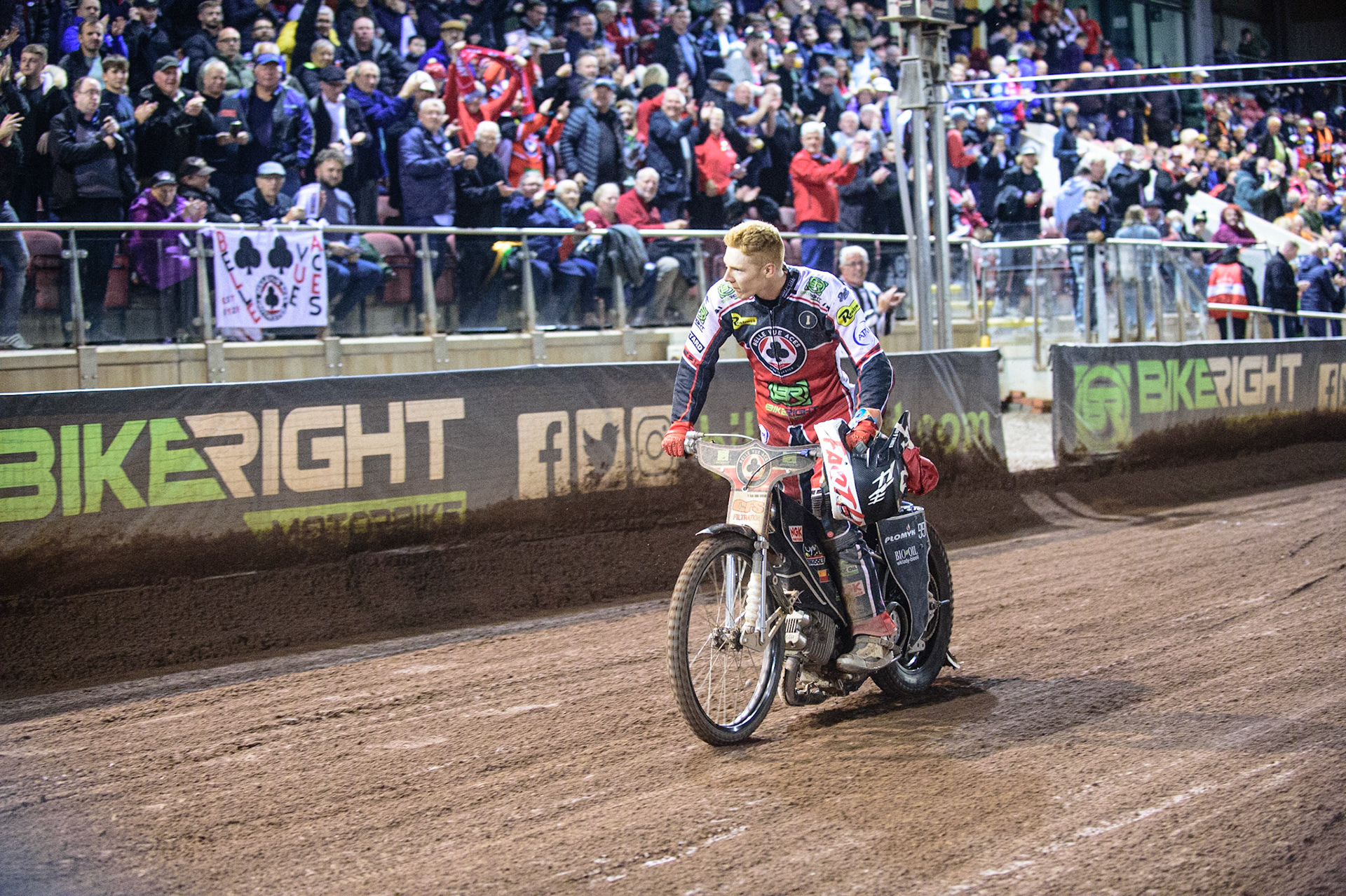 MANCHESTER, UK. OCT 7TH  Dan Bewley  does a lap of honour for the fans during the SGB Premiership Play off Semi-Final Second Leg between Belle Vue Aces and Sheffield Tigers at the National Speedway Stadium, Manchester on Thursday 7th October 2021. (Credit: Ian Charles | MI News)
