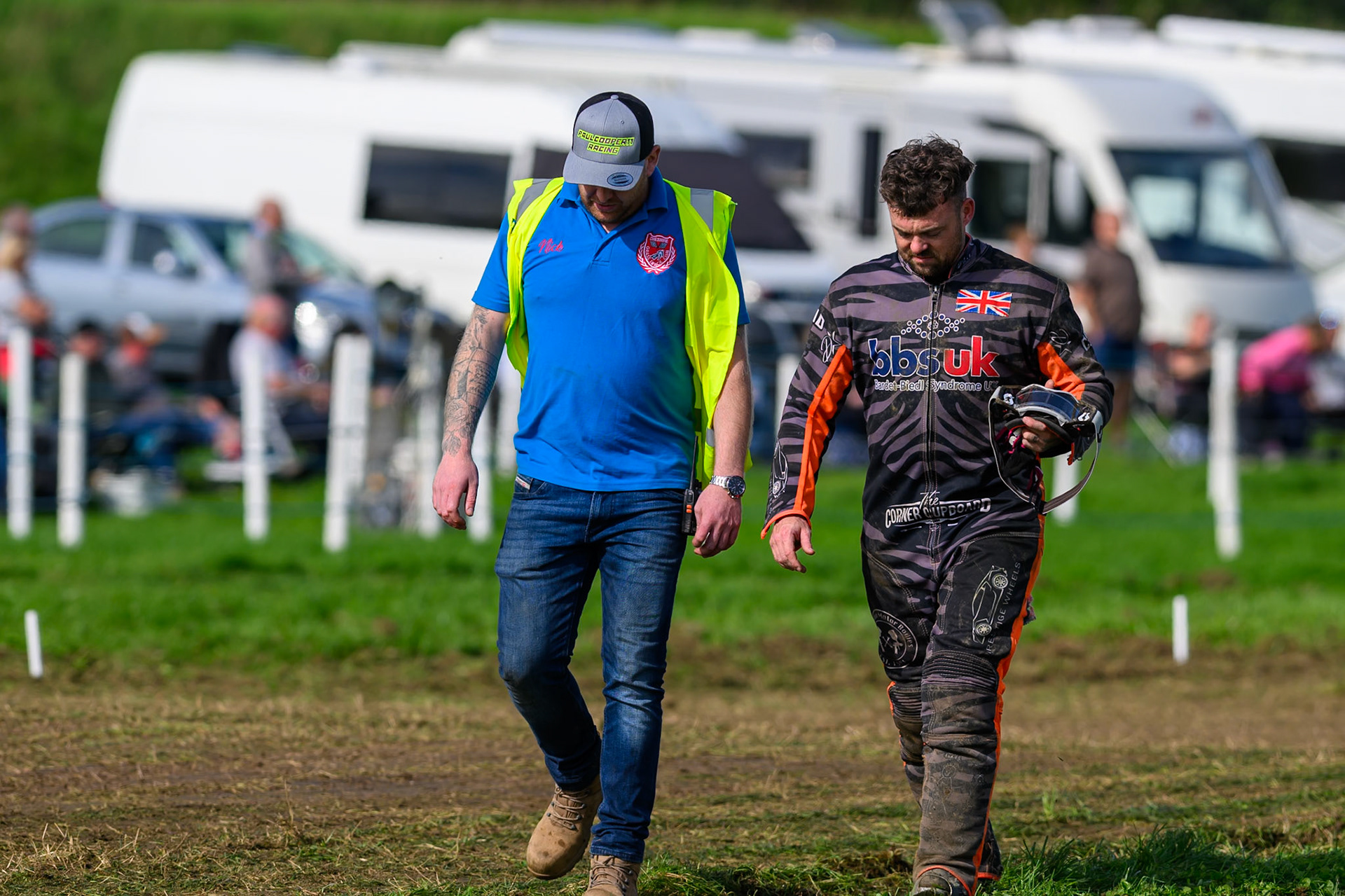 British Masters (Solos): Jack Roberts (474) walks back to the pits after his fall in race 13 during the British Masters Grasstrack Championship at Lower Marsh Farm, Much Hoole, Preston in Lancashire, England on Sunday 13th September 2026. (Photo: Ian Charles | MI News)