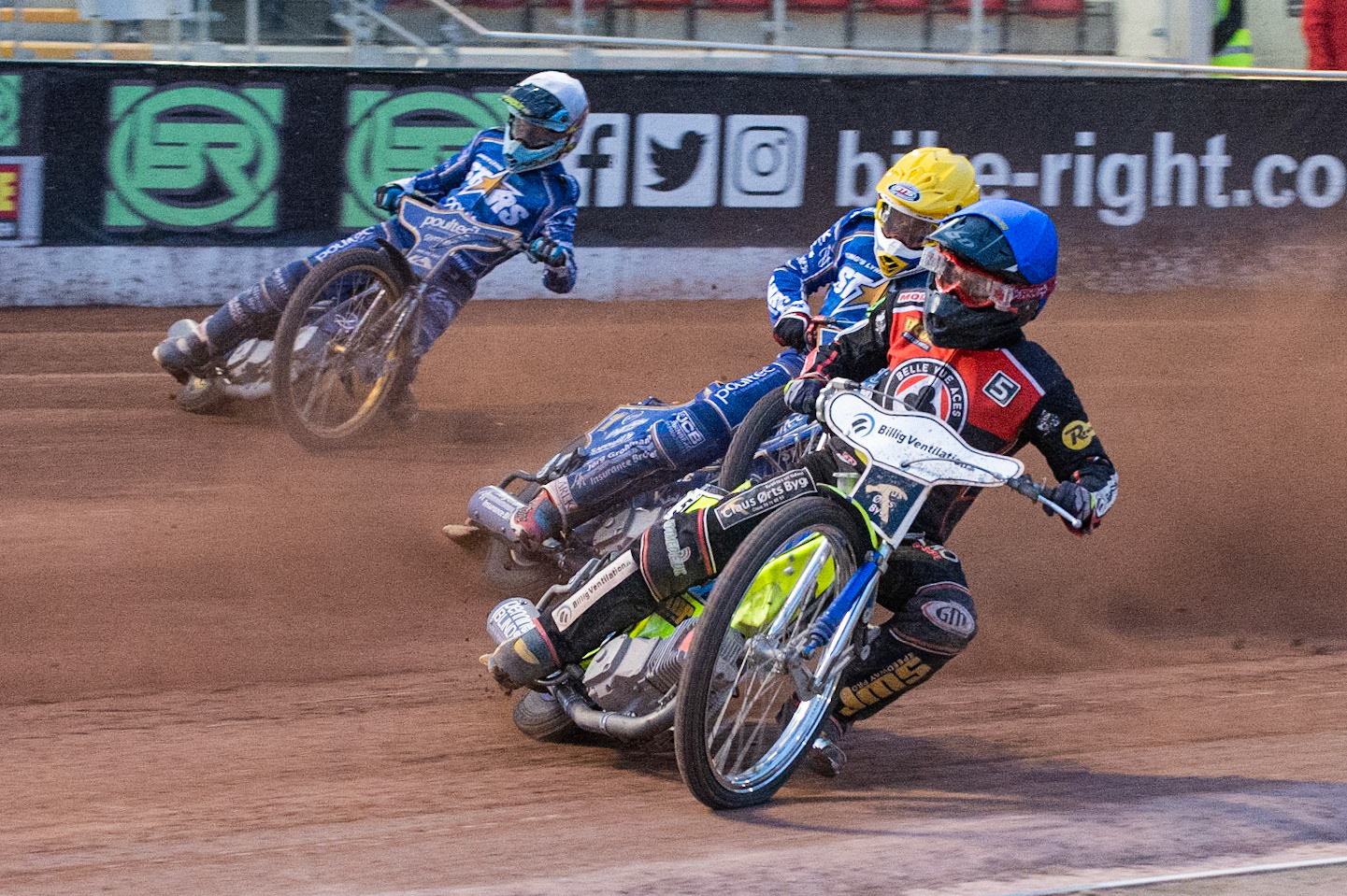 Photo: Ian Charles

​Kenneth Bjerre​​ (Blue) leads ​Robert Lambert  (Yellow)

Belle Vue Aces v Kings Lynn Stars, British Speedway Premiership, Belle Vue National Speedway Stadium, Manchester, Thursday 16  May  2019