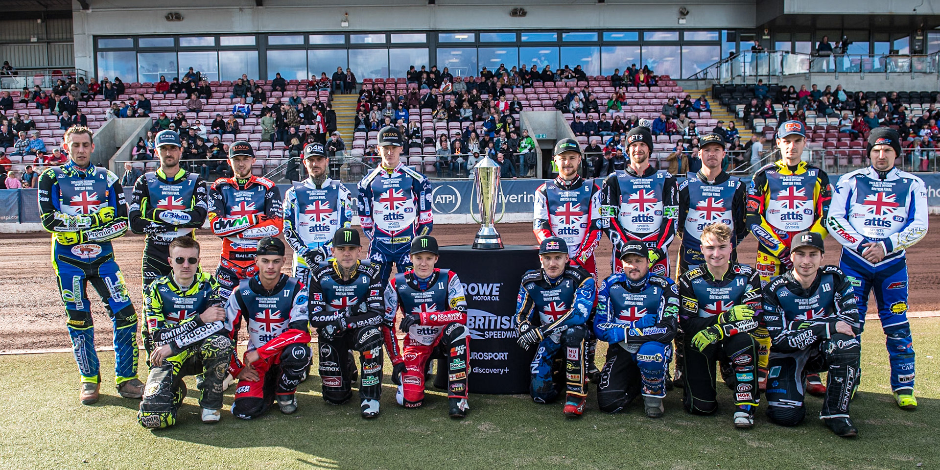 The riders line up before the racing starts during the Attis Insurance Sports Division British Speedway Championship Final at the National Speedway Stadium, Manchester on Saturday 8th June 2024. (Photo: Ian Charles | MI News)