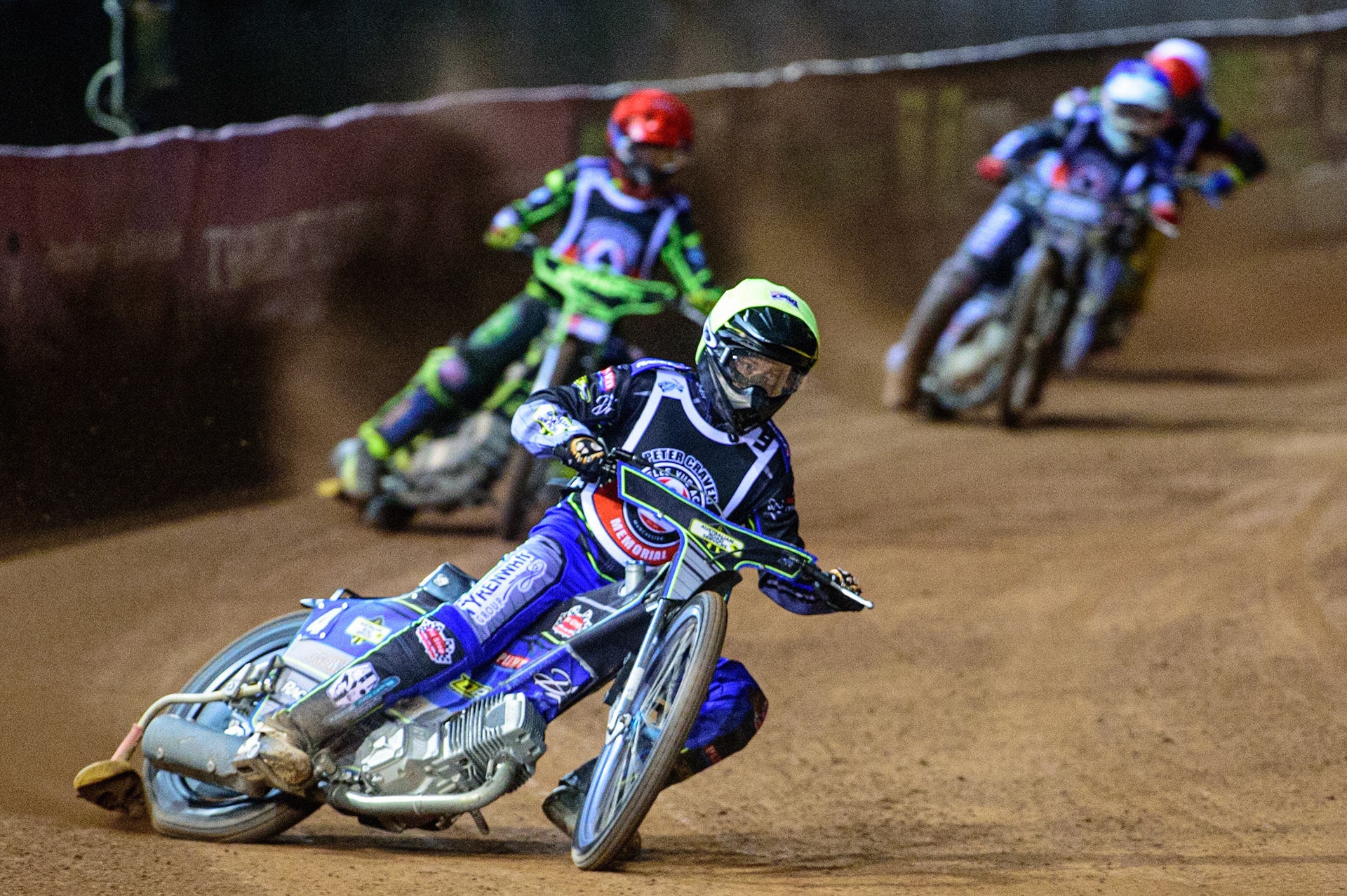 MANCHESTER, UK. OCT 23RD  Ryan Douglas  (Yellow) leads Jye Etheridge  (Red) Broc Nicol  (Blue) and  Kyle Howarth  (White) during the Peter Craven Memorial Trophy event at the National Speedway Stadium, Manchester on Saturday 23rd October 2021. (Credit: Ian Charles | MI News)