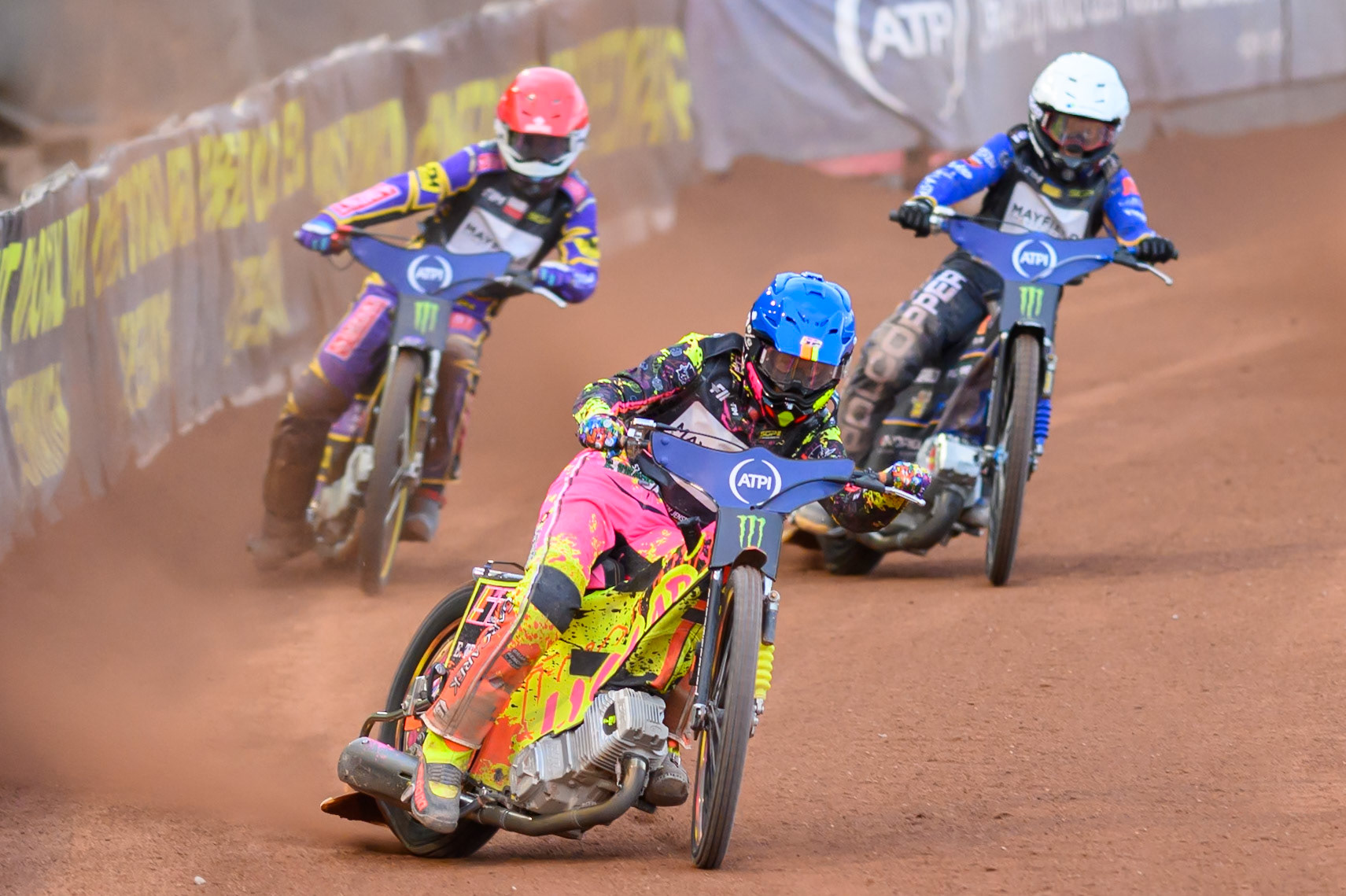 Michael Jepsen Jensen (52) of Denmark in Blue leading Kacper Woryna (223) of Poland in Red and Nazar Parnitskyi (785) of Ukraine in White during the ATPI  FIM Speedway GP of Manchester at the National Speedway Stadium, Manchester on Friday 5th June 2026. (Photo: Ian Charles | MI News)