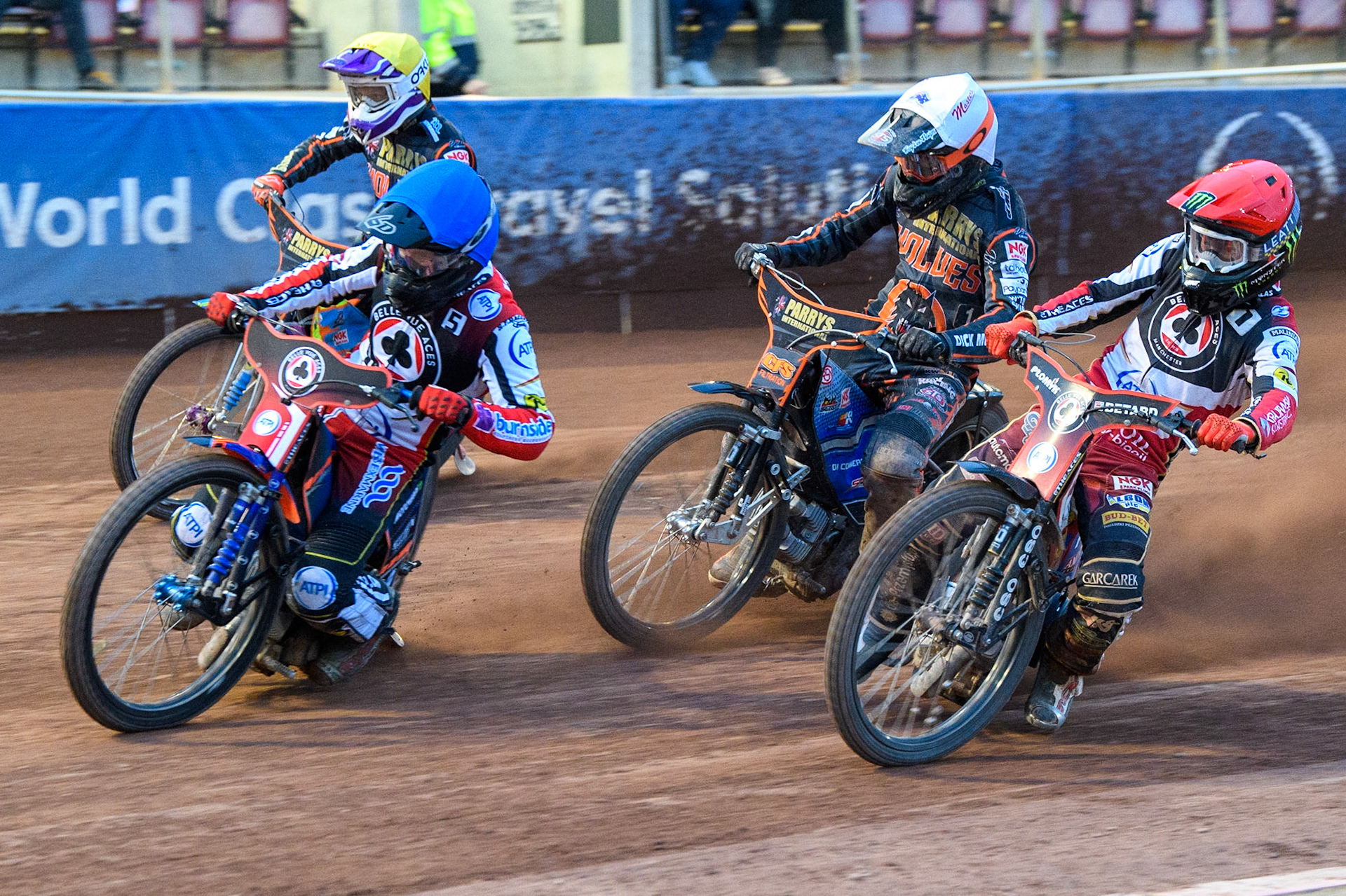 Brady Kurtz (Blue) and Dan Bewley (Red) lead Sam Masters (White) and Rory Schlein (Yellow) during the Sports Insure Premiership Knock Out Cup Quarter Final 2nd Leg between Belle Vue Aces and Wolverhampton Wolves at the National Speedway Stadium, Manchester on Thursday 18th May 2023. (Photo: Ian Charles | MI News)