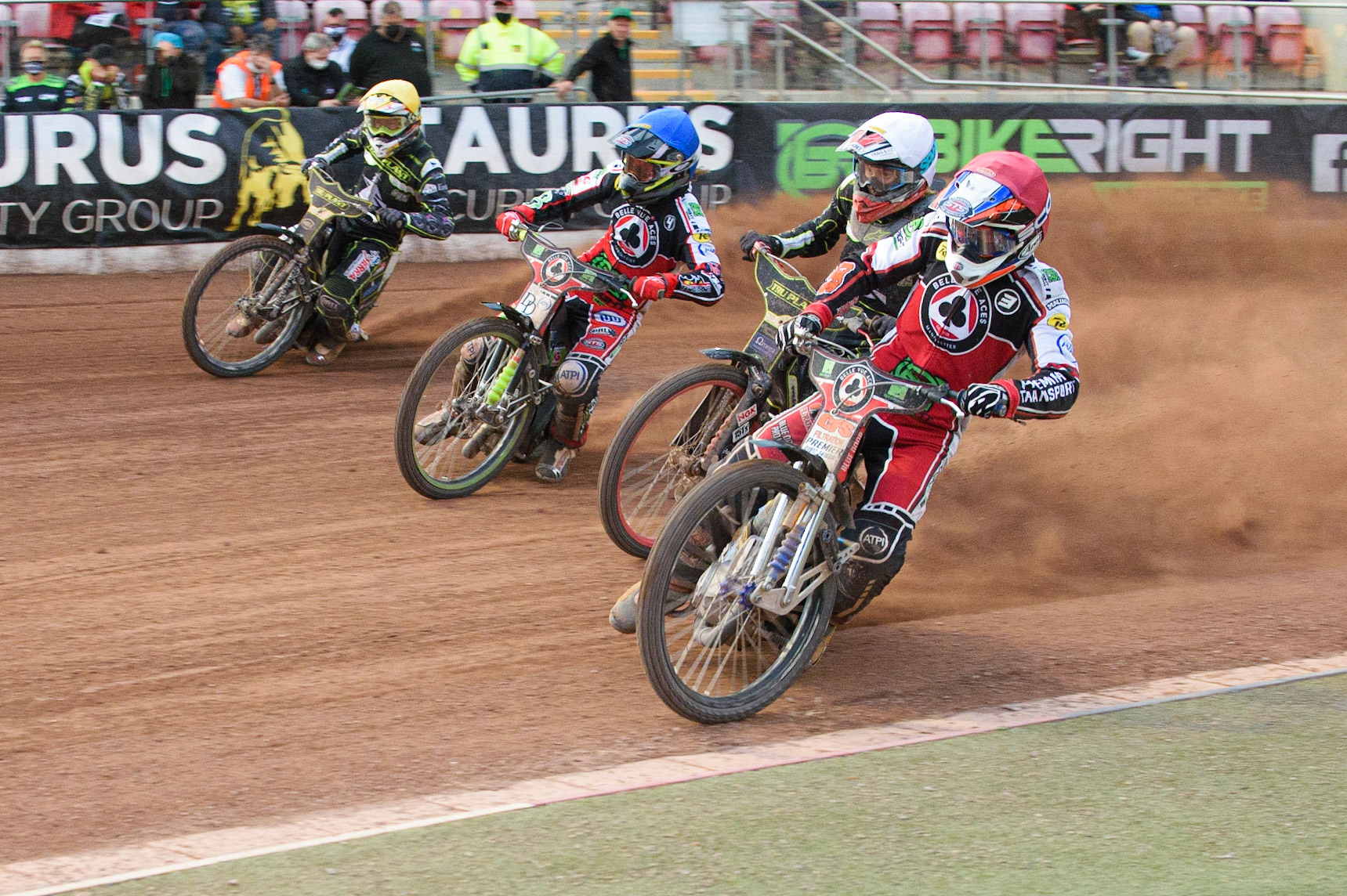 MANCHESTER, UK. JUNE 7TH   Steve Worrall  (Red) leads Drew Kemp (White), Charles Wright  (Blue) and Jake Allen  (Yellow) during the SGB Premiership match between Belle Vue Aces and Ipswich Witches at the National Speedway Stadium, Manchester on Monday 7th June 2021. (Credit: Ian Charles | MI News)