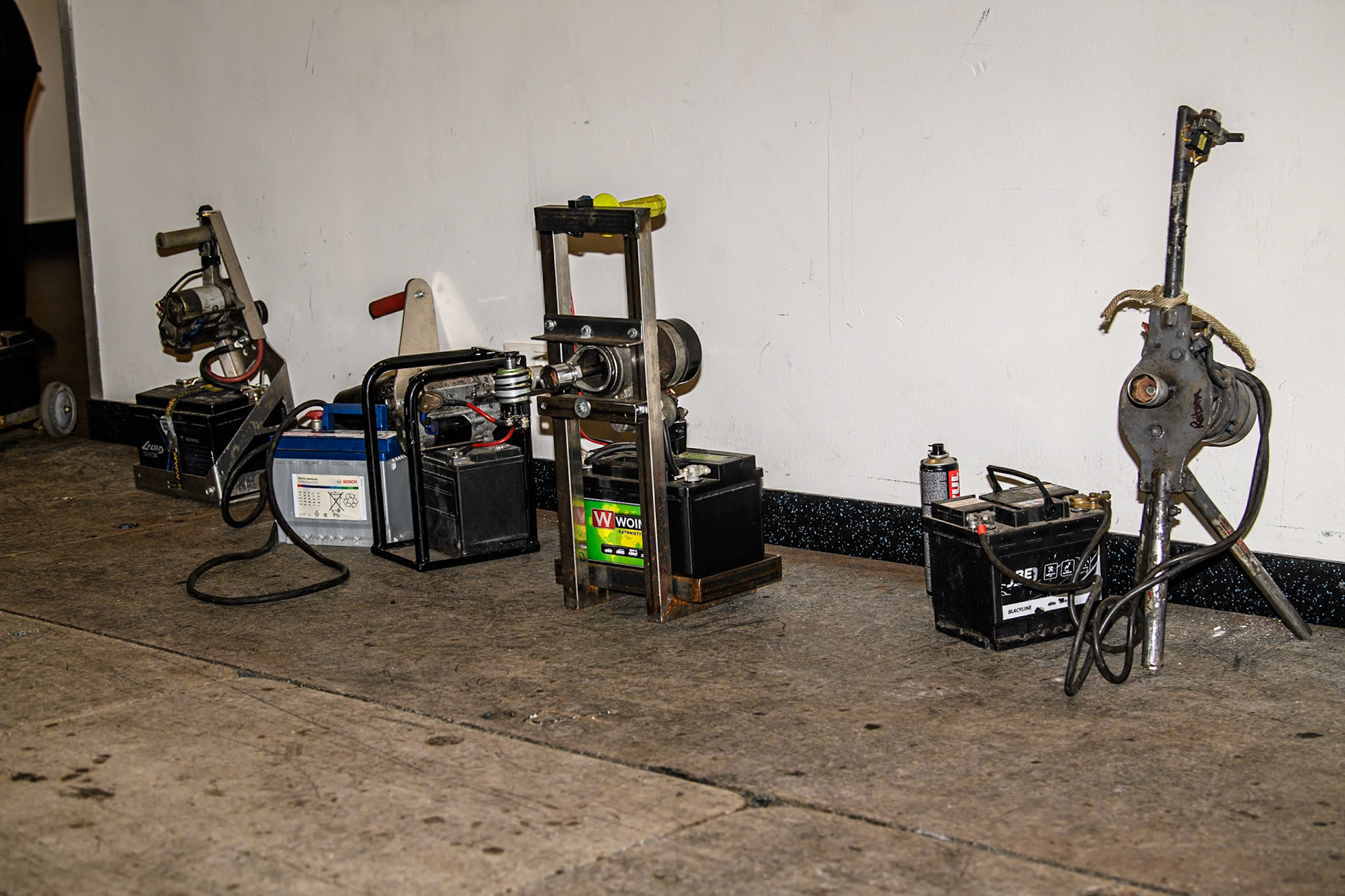 The starter packs for the bikes lined up outside the pits in the tunnel to the track during the FIM Ice Speedway Gladiators World Championship Final 3 at Ice Rink Thialf, Heerenveen on Saturday 6th April 2024. (Photo: Ian Charles | MI News)