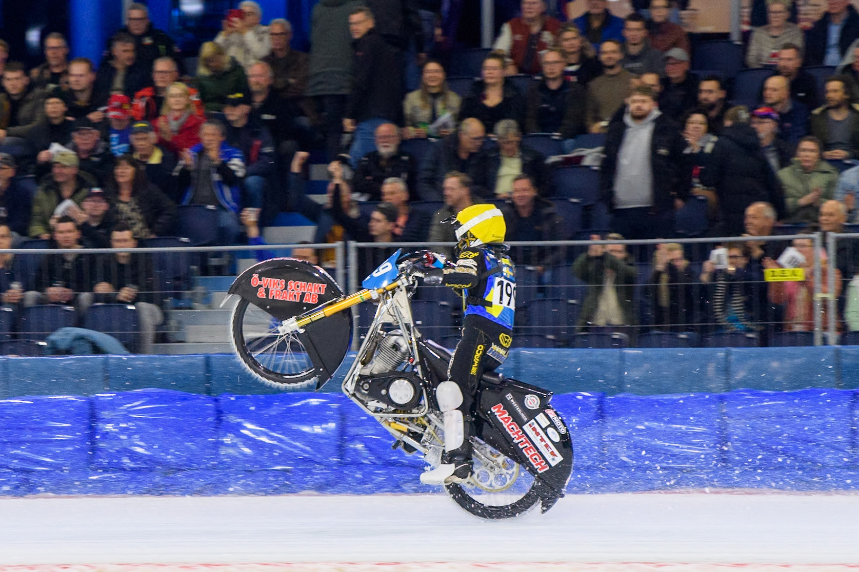 Martin Haarahiltunen (199) of Sweden celebrates with a wheelie during the FIM Ice Speedway Gladiators World Championship, Final 3 at the Ice Stadium, Thialf, Heerenveen on Saturday 5th April 2025. (Photo: Ian Charles | MI News)