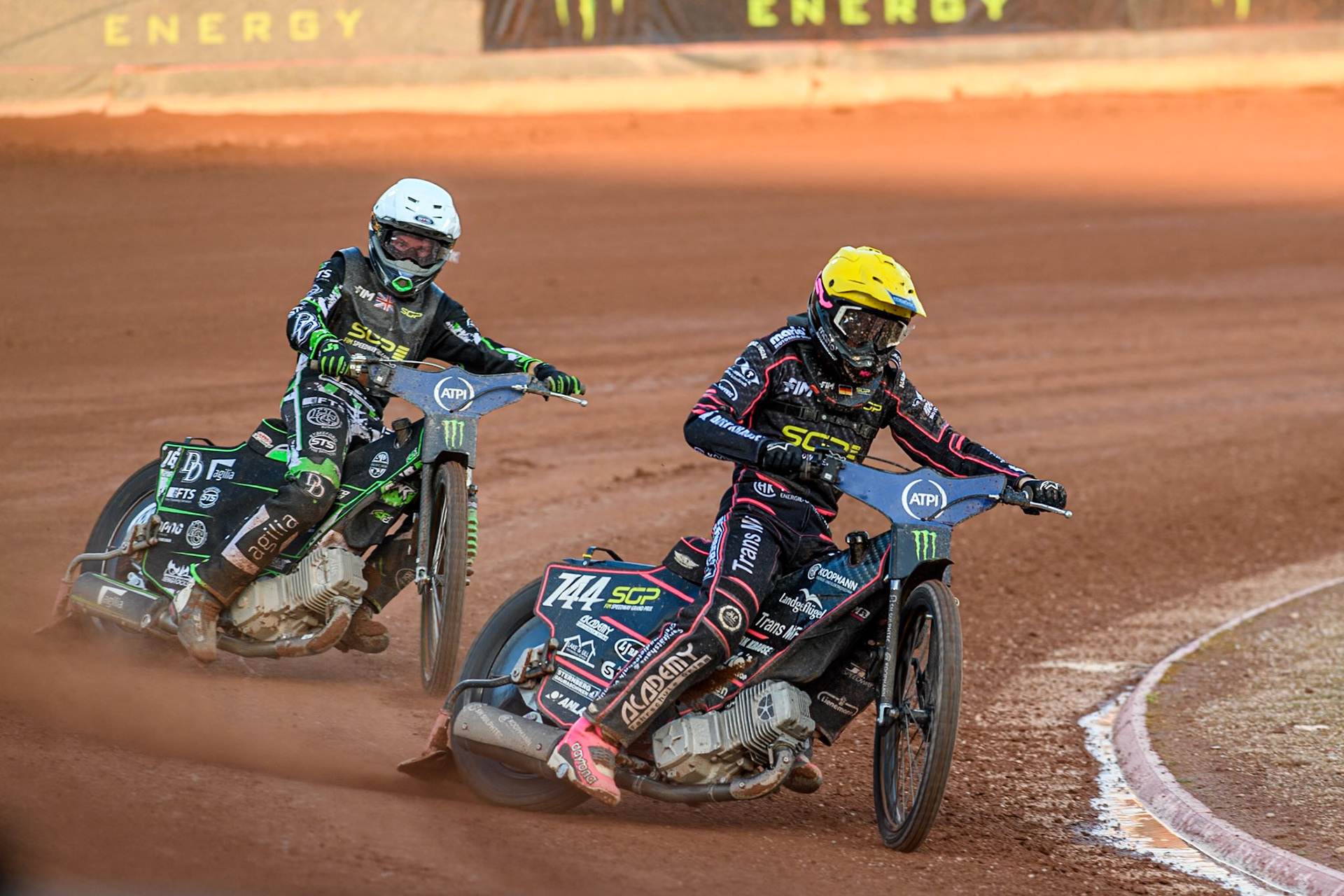 Kai Huckenbeck (744) of Germany in Yellow leading Wild Card Charles Wright (16) of Great Britain in White during the ATPI FIM Speedway Grand Prix Round 5 at the National Speedway Stadium, Manchester, on Saturday 14th June 2025. (Photo: Ian Charles | MI News)