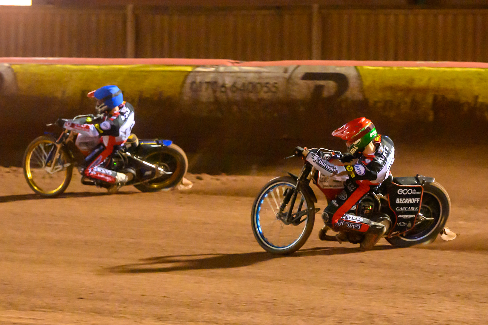 Brady Kurtz of Belle Vue Aces  in Red chases Jason Doyle of Belle Vue Aces in Blue during the Rowe Motor Oil Premiership Grand Final 2nd Leg between Belle Vue Aces and Sheffield Tigers at the National Speedway Stadium, Manchester on Friday 16th October 2026. (Photo: Ian Charles | MI News)