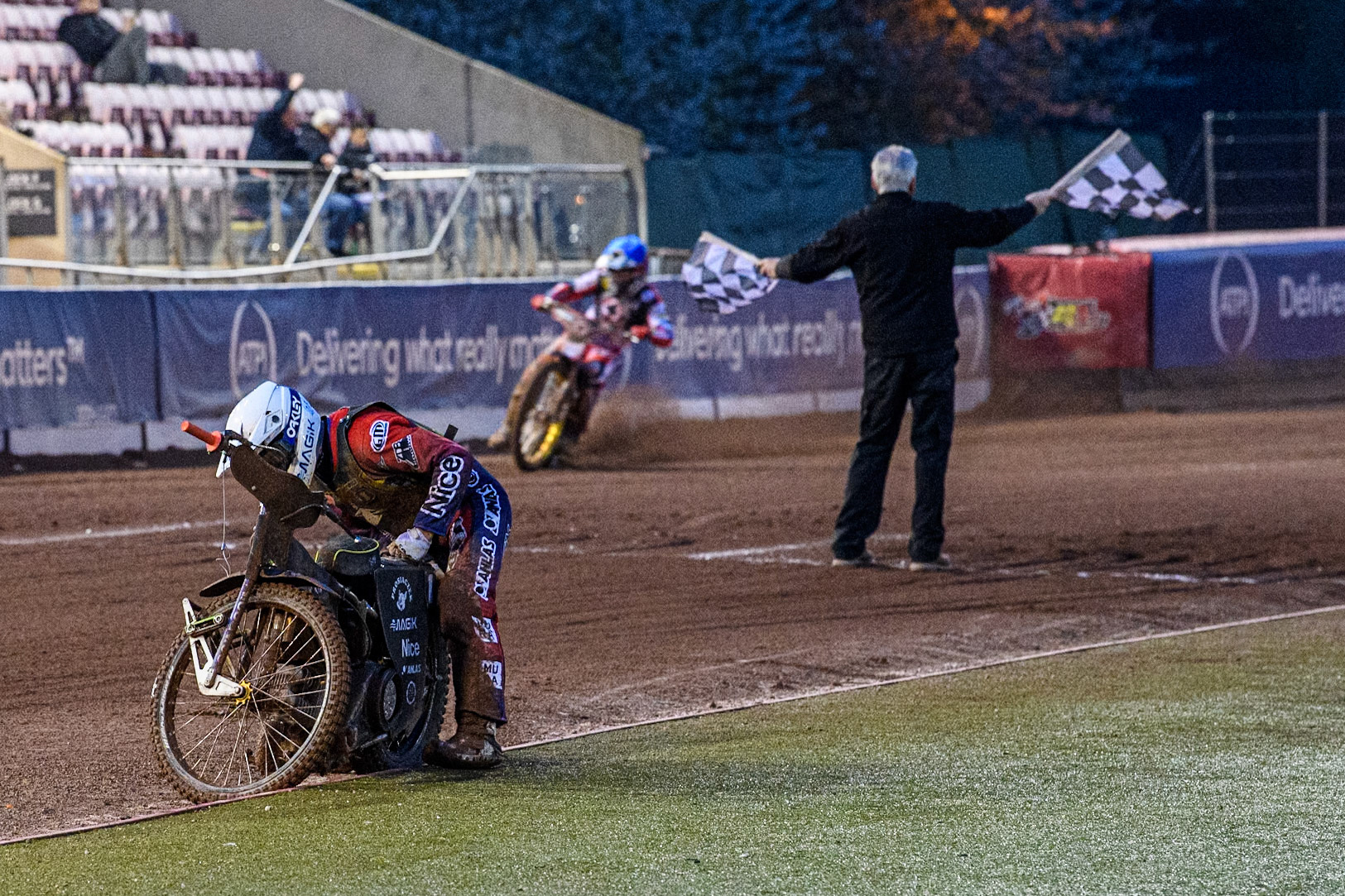 Ipswich Witches' Emil Sayfutdinov checks his bike after his Heat 11 retirement during the Rowe Motor Oil Premiership match between Belle Vue Aces and Ipswich Witches at the National Speedway Stadium, Manchester on Monday 22nd April 2024. (Photo: Ian Charles | MI News)