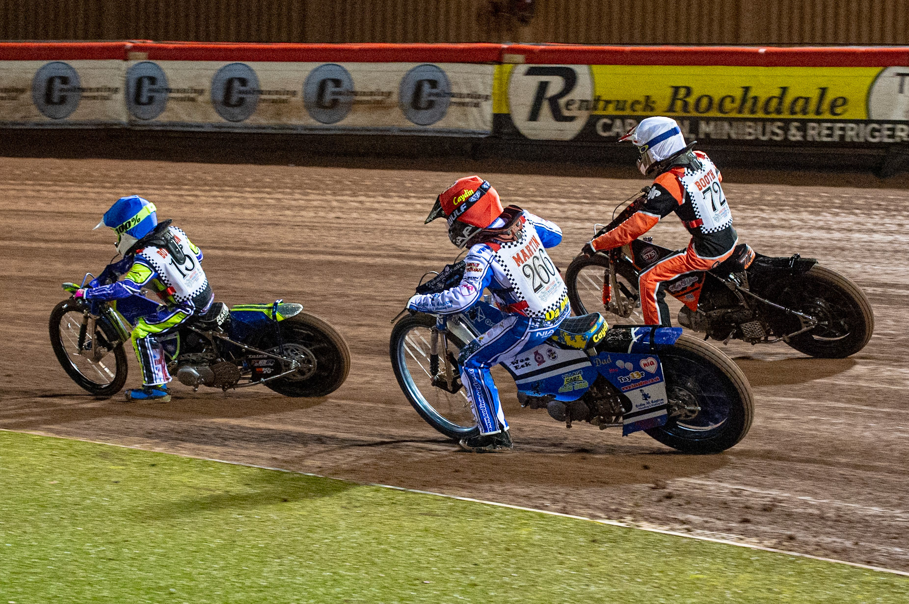 Photo: Ian Charles125cc B Class Final:Oliver Bovington (Blue) leads Caydin Martin (Red) and Owen Booth (White)British Youth Speedway Championship (Round 5), National Speedway Stadium, Manchester Saturday  10  October  2020