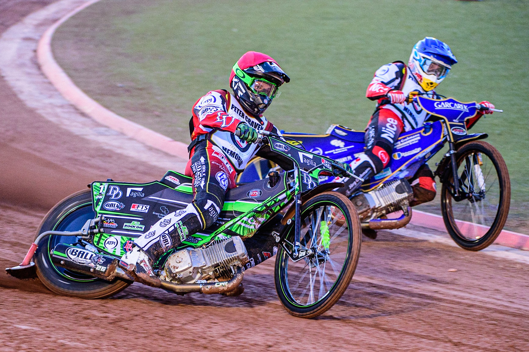 Charles Wright (Red) outside Robert Lambert (Blue) during the Peter Craven Memorial Trophy  at the National Speedway Stadium, Manchester on Monday 3rd April 2023. (Photo: Ian Charles | MI News)
