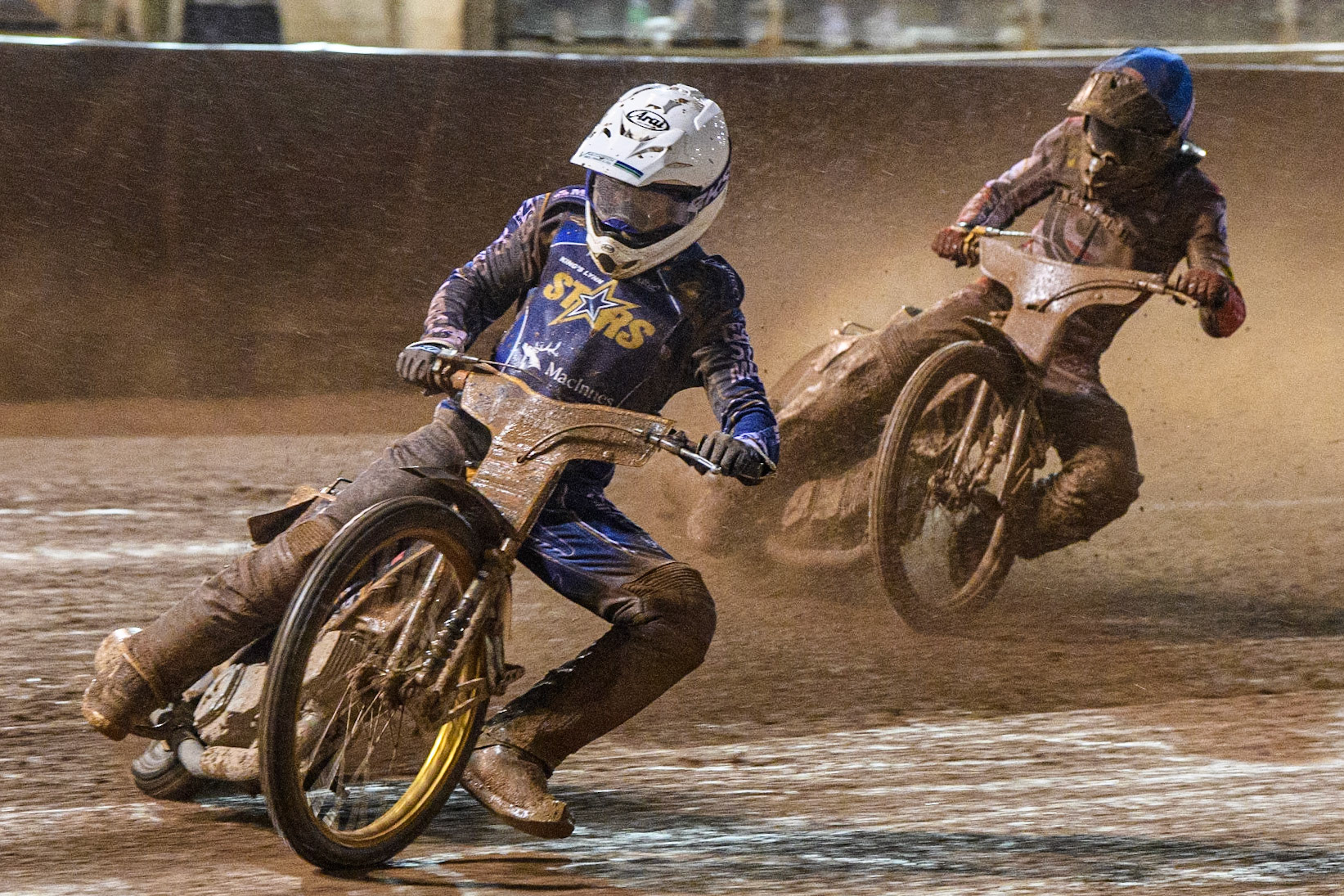 Connor Mountain (White) leads  Norick Blodorn (Blue) during the Sports Insure Premiership match between Belle Vue Aces and King's Lynn Stars at the National Speedway Stadium, Manchester on Monday 21st August 2023. (Photo: Ian Charles | MI News)