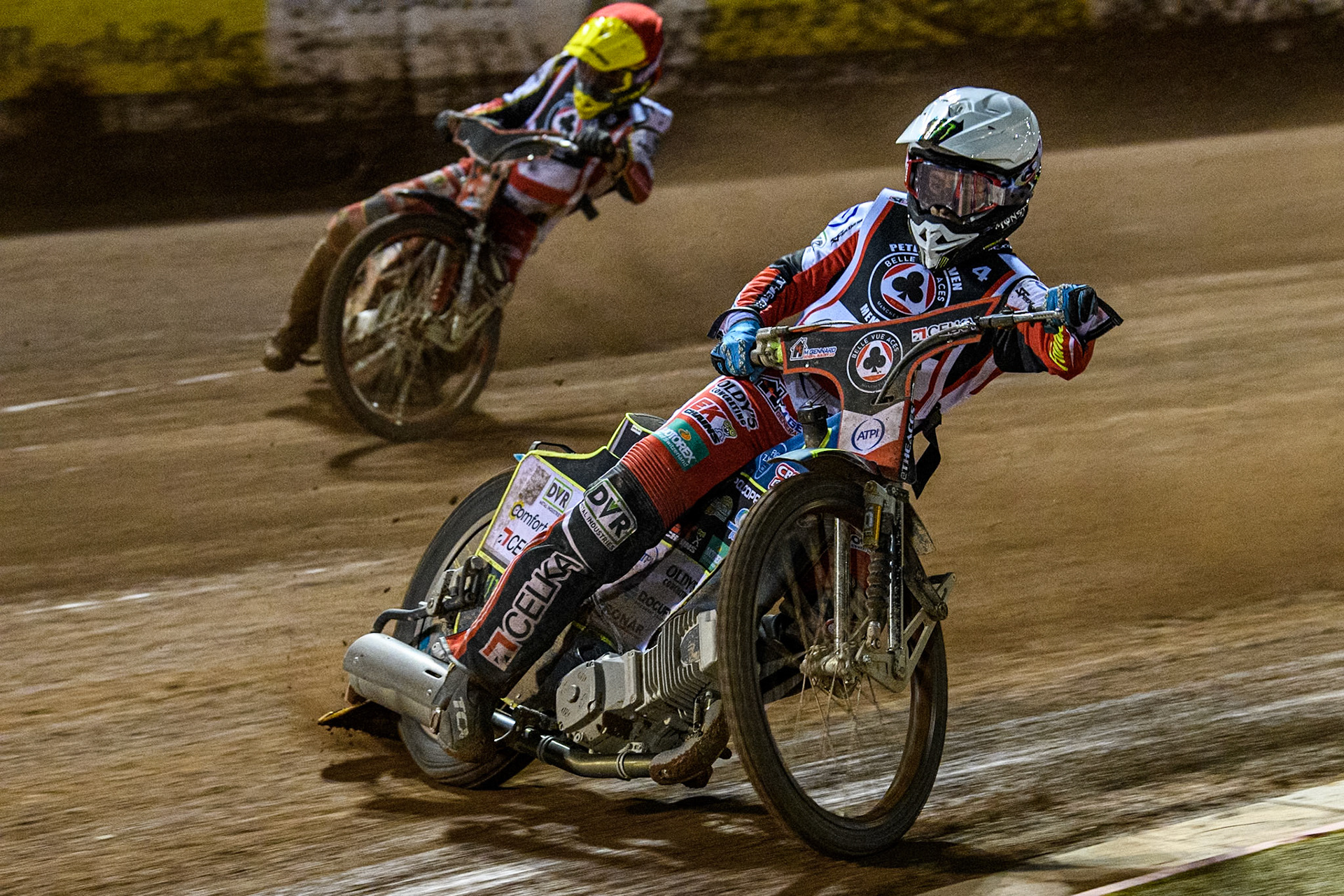 Australia's Jaimon Lidsey (White) leads  England's Connor Mountain (Red) during the Peter Craven Memorial Trophy meeting at the National Speedway Stadium, Manchester on Monday 18th March 2024. (Photo: Ian Charles | MI News)