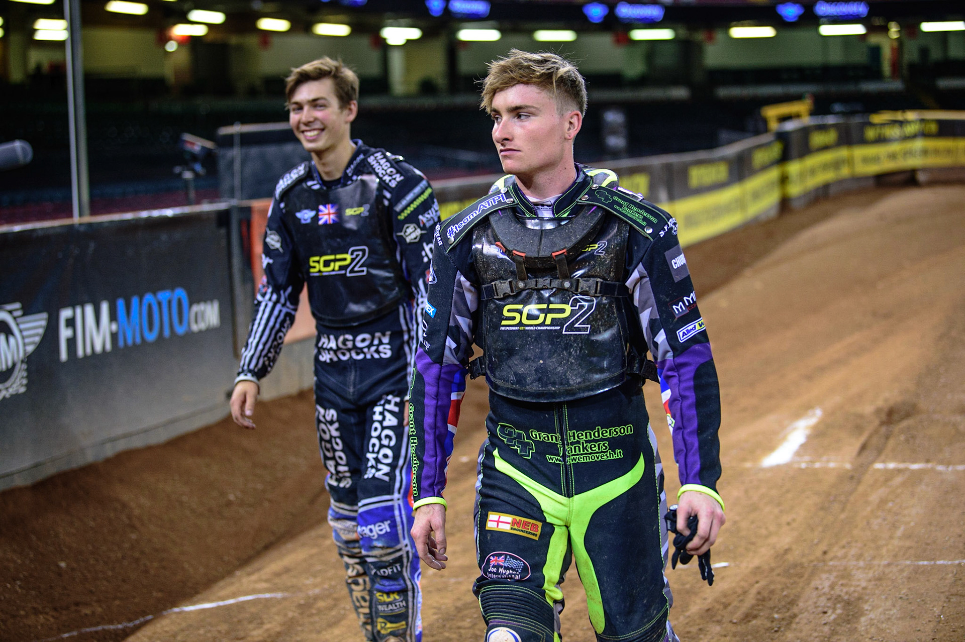 Tom Brennan (Great Britain)  (right) and Jason Edwards (Great Britain) on their walk around the track to thank the fans during the FIM  Speedway Grand Prix  2 of Great Britain at the Principality Stadium, Cardiff on Sunday 14th August 2022. (Credit: Ian Charles | MI News)