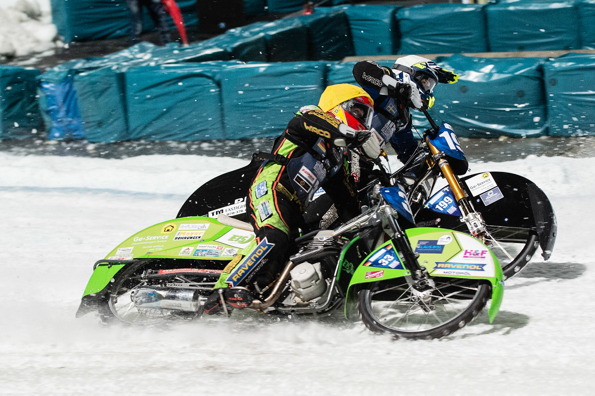 Photo: Ian Charles

Johann Weber (33) tries to pass Martin Haarahiltunen (199)

FIM Ice Speedway Gladiators World Championship, Final 3.1, Horst-Dohm Eisstadion, Berlin, Germany Saturday  2  March  2019