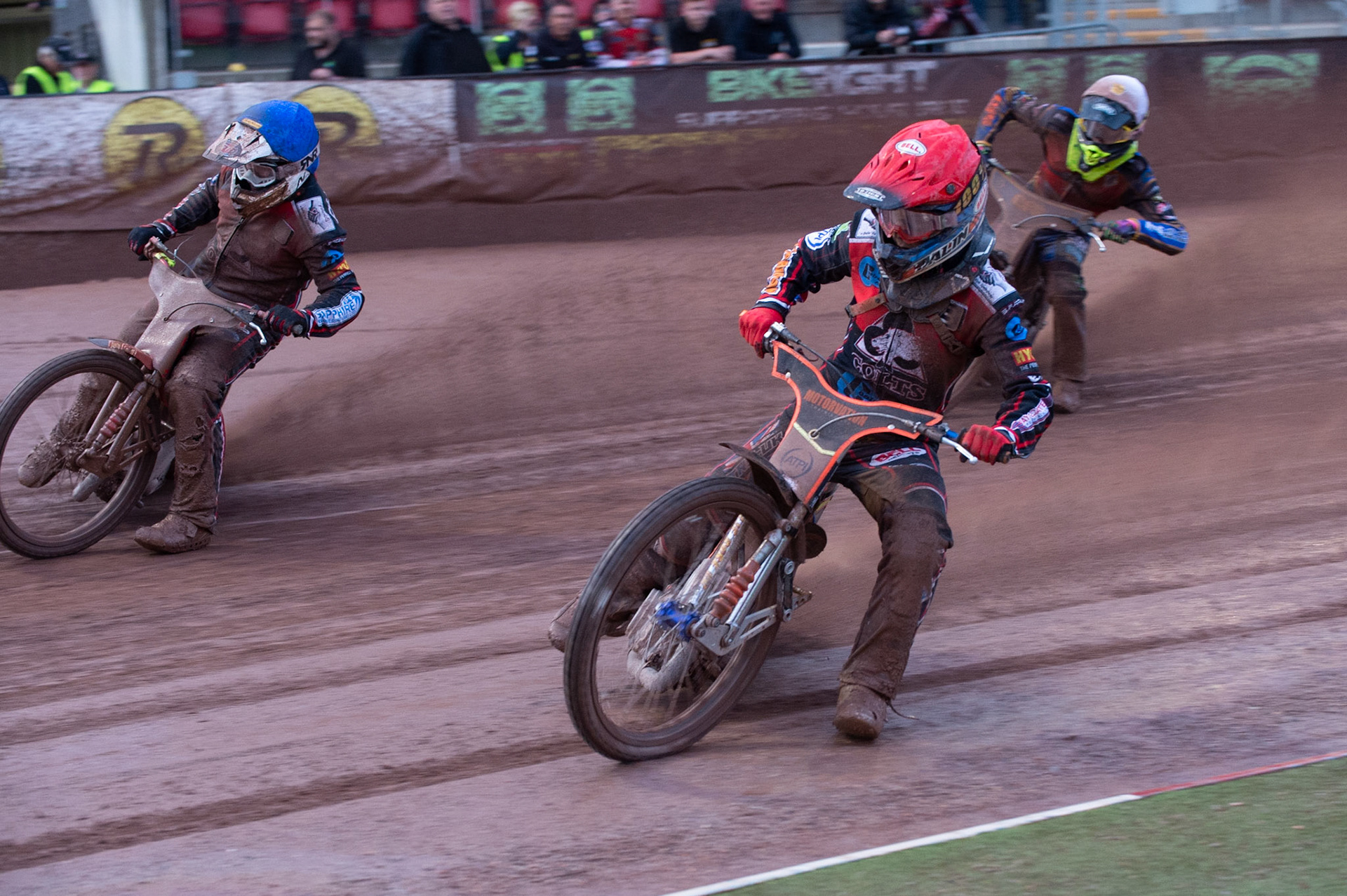 Photo: Ian Charles

Jordan Palin  (Red) and Danny Phillips  (Blue) lead Anders Rowe  (White)

Belle Vue Colts v Kent Kings, SGB National League, Belle Vue National Speedway Stadium, Manchester, Thursday 1  August  2019
