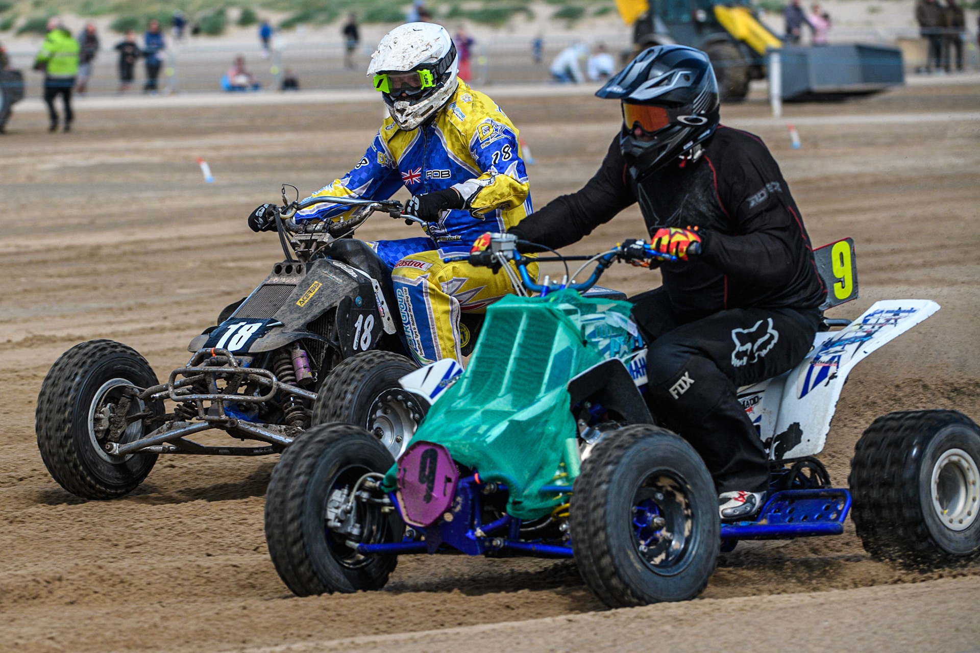 Mark Ramsdale (9) passes Rob Heath (18) during the Fylde ACU British Sand Racing Masters Championship at  St Annes on Sea, Lancashire on Sunday 30th July 2023. (Photo: Ian Charles | MI News)