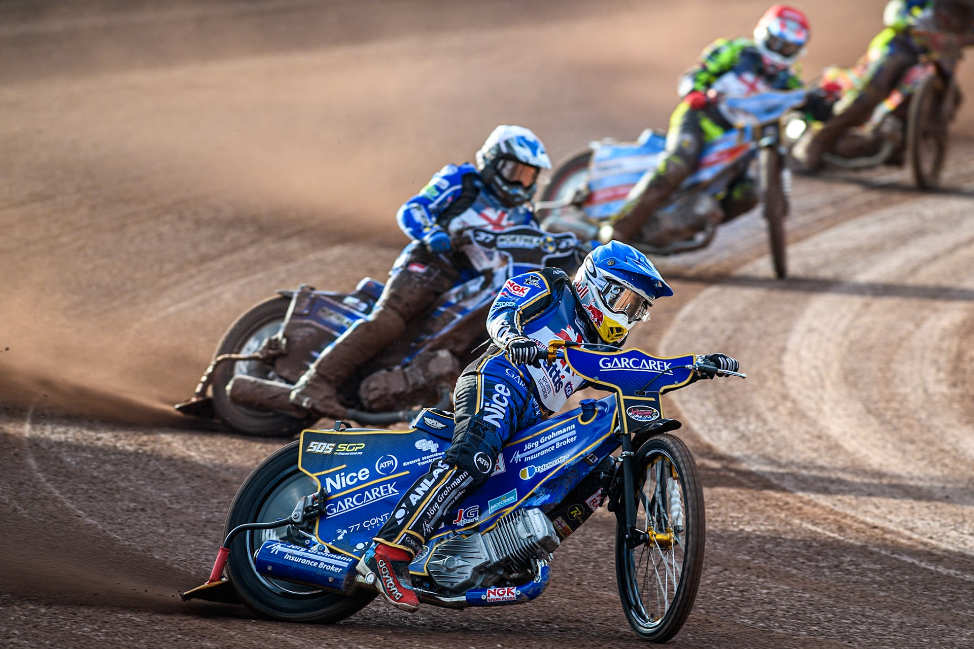 Robert Lambert in Blue leading Chris Harris in White during the Attis Insurance Sports Division British Speedway Championship Final at the National Speedway Stadium, Manchester on Saturday 8th June 2024. (Photo: Ian Charles | MI News)