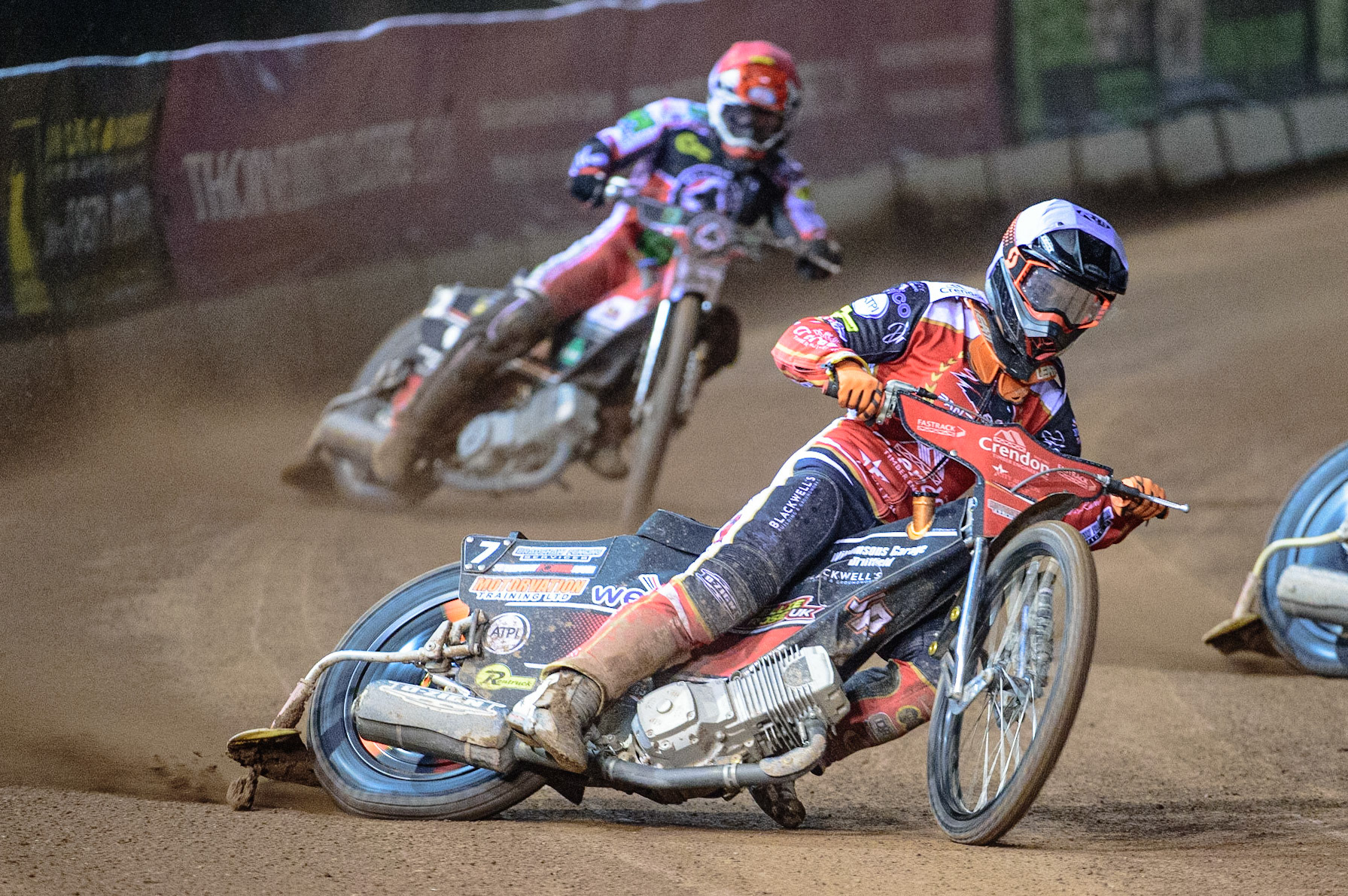 MANCHESTER, UK. OCT 11TH  Jordan Palin   (White) leads Steve Worrall (Red)  during the SGB Premiership Grand Final 1st Leg between Belle Vue Aces and Peterborough Panthers at the National Speedway Stadium, Manchester on Monday 11th October 2021. (Credit: Ian Charles | MI News)