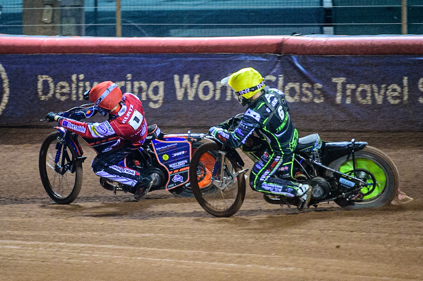 Brady Kurtz  (Red) passes Paul Starke  (Yellow) during the SGB Premiership Semi Final 2nd Leg between Belle Vue Aces and Ipswich Witches at the National Speedway Stadium, Manchester on Monday 3rd October 2022. (Credit: Ian Charles | MI News)