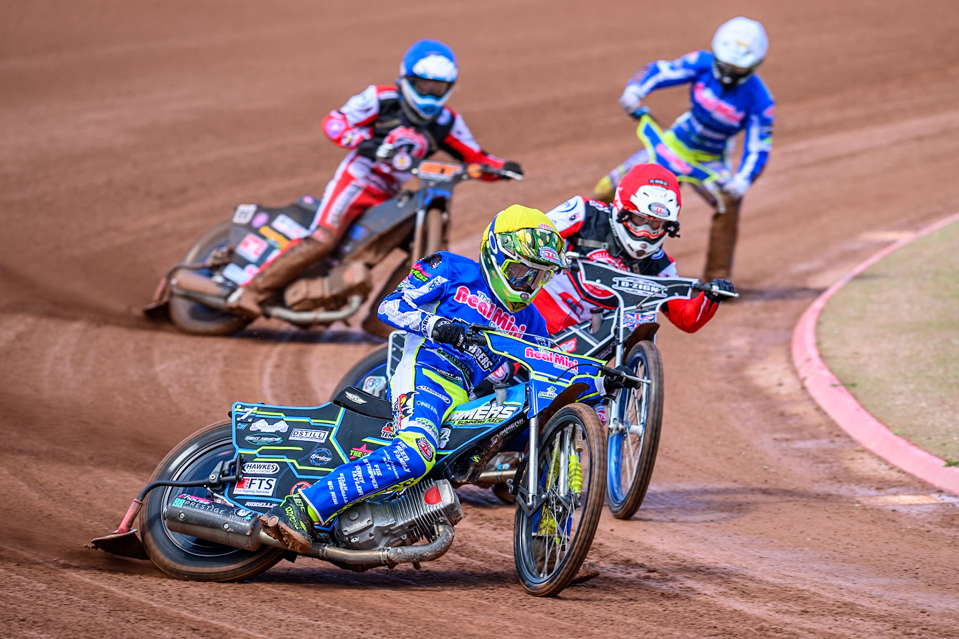 Oxford Chargers' Senna Summers  in Yellow leading Belle Vue Colts' Jack Shimelt  in Red, Belle Vue Colts' Billy Budd  in Blue and Oxford Chargers' Max Broadhurst  in White during the WSRA National Development League match between Belle Vue Colts and Oxford Chargers at the National Speedway Stadium, Manchester on Sunday 1st June 2025. (Photo: Ian Charles | MI News)