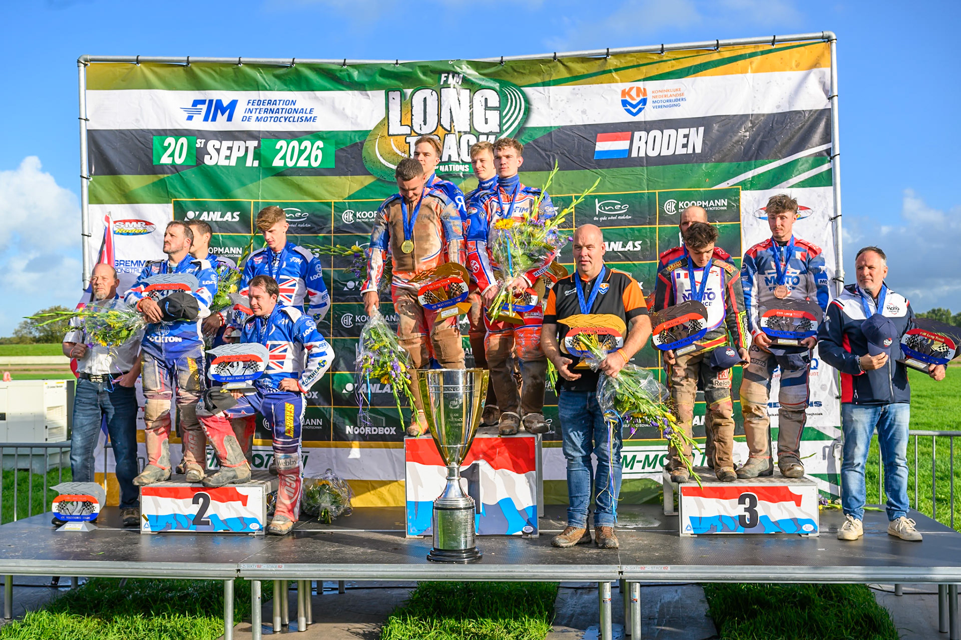 The Rostrum: (L to R)  Team GB (2nd), Netherlands (Winners), France (3rd)during the FIM Long Track of Nations 2026 at the Speed Centre Roden in the Netherlands on Sunday 20th September 2026. (Photo: Ian Charles | MI News)