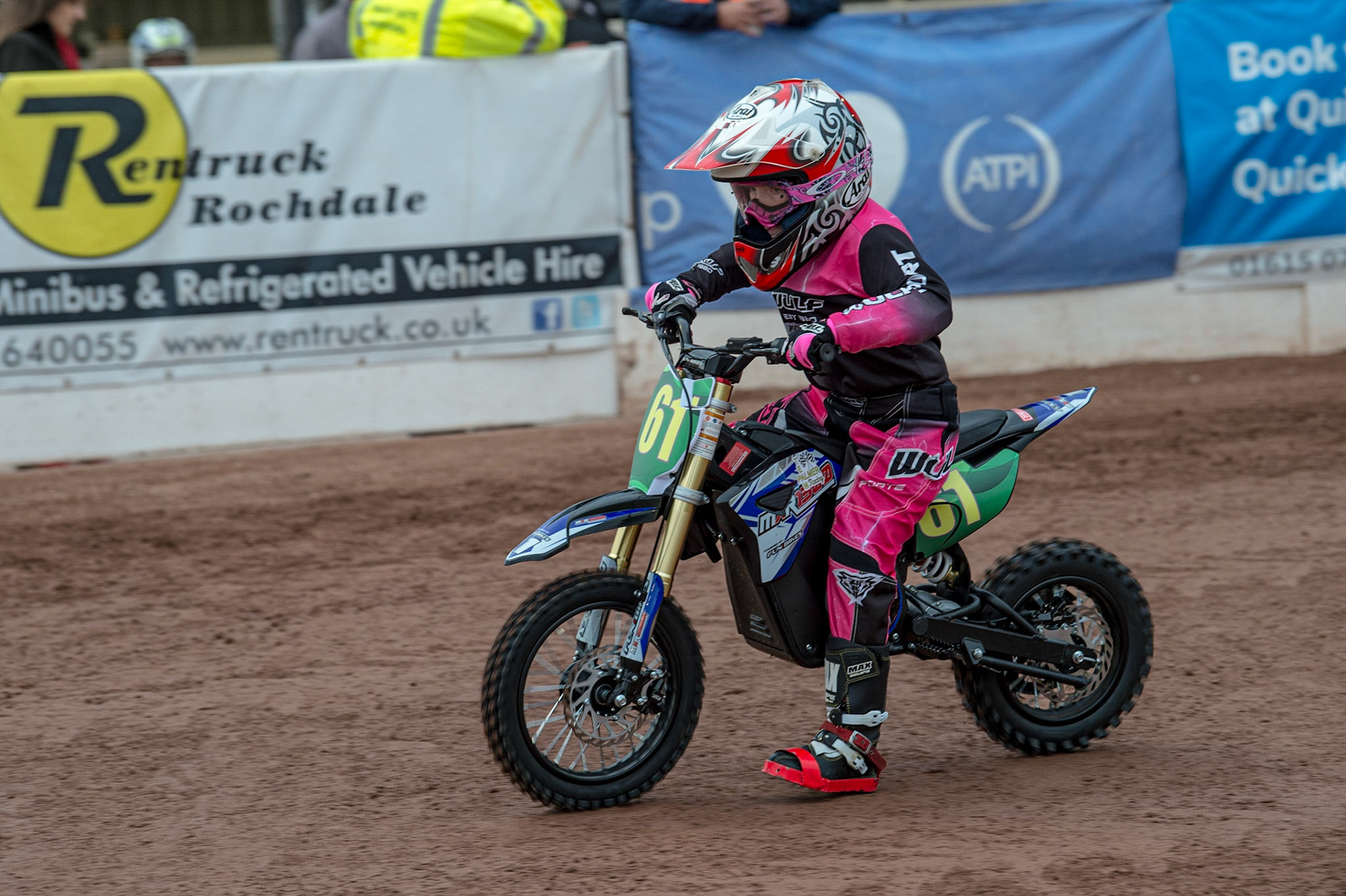 MANCHESTER, UK. JUN 13TH 8 year old rider Jess Cox on her electric bike gives a demonstration ride. Jess rides Grass Track in the Cadet category, and is trying an electric bike for racing during the SGB Premiership match between Belle Vue Aces and Wolverhampton  Wolves at the National Speedway Stadium, Manchester on Monday 13th June 2022. (Credit: Ian Charles | MI News)