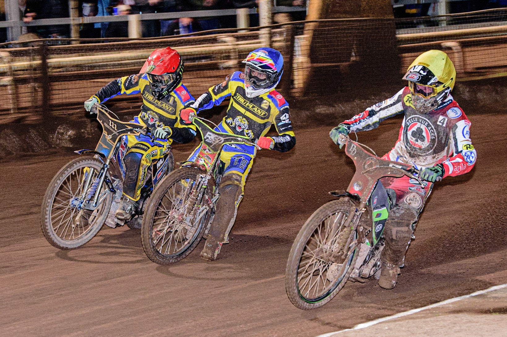 Charles Wright  (Yellow) inside Jack Holder  (Red) and David Bellego  (Blue) during the Sheffield Tigers vs Belle Vue Aces meeting in the SGP Premiership at Owlerton Stadium, Sheffield on Thursday 23rd March 2023. (Photo: Ian Charles | MI News)