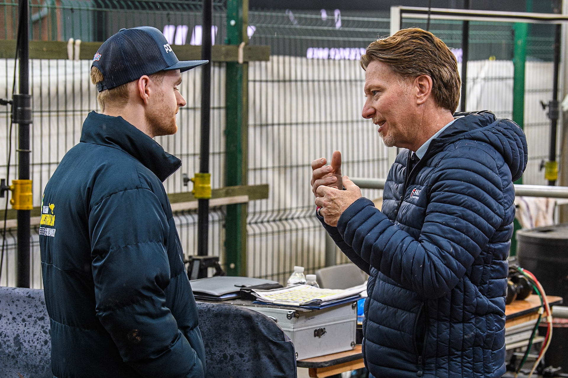 Brady Kurtz (Left) with former Australian World Champion Jason Crump during the Monster Energy FIM Speedway of Nations 2 (Under 21) Final at the National Speedway Stadium, Manchester on Friday 12th July 2024. (Photo: Ian Charles | MI News)