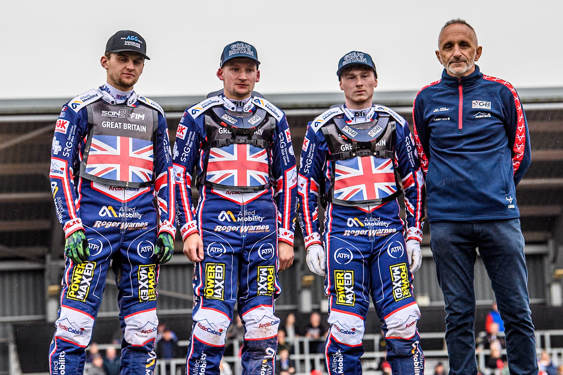 GREAT BRITAIN (L to R): Leon Flint, Dan Thompson, Sam Hagon and British Team manager, Neil Vatcher during the Monster Energy FIM Speedway of Nations 2 (Under 21) Final at the National Speedway Stadium, Manchester on Friday 12th July 2024. (Photo: Ian Charles | MI News)