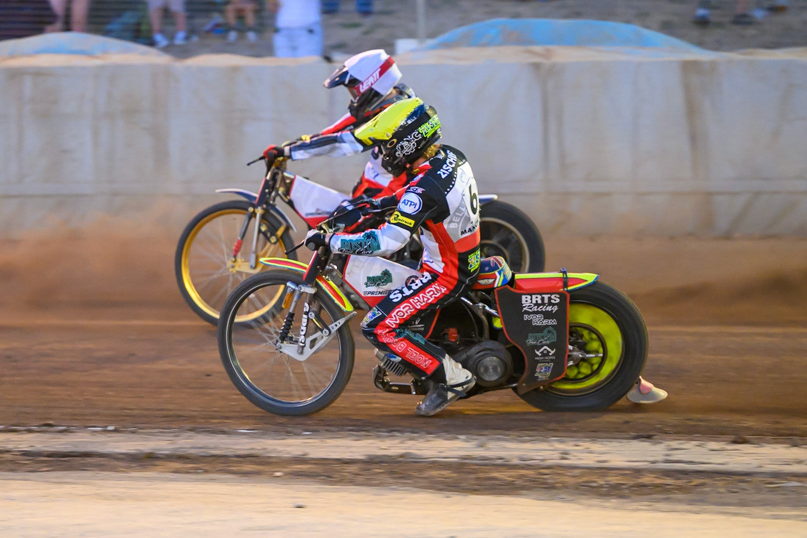 Tate Zischke of Belle Vue Aces  in Yellow  and Norick Blodorn of Belle Vue Aces  in White  go for maximum points during the Rowe Motor Oil Premiership match between Northampton Foxes and Belle Vue Aces at Northampton International Shaleway, Northampton on Thursday 13th August 2026. (Photo: Ian Charles | MI News)