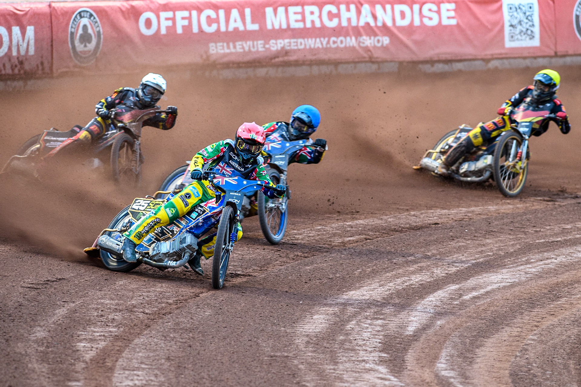 AUSTRALIA v GERMANY: Jack Holder of Australia in Red leading Brady Kurtz of Australia in Blue, Kai Huckenbeck of Germany in White and  Norick Blödorn of Germany in Yellow during the Monster Energy FIM Speedway of Nation Final at the National Speedway Stadium, Manchester on Saturday 13th July 2024. (Photo: Ian Charles | MI News)