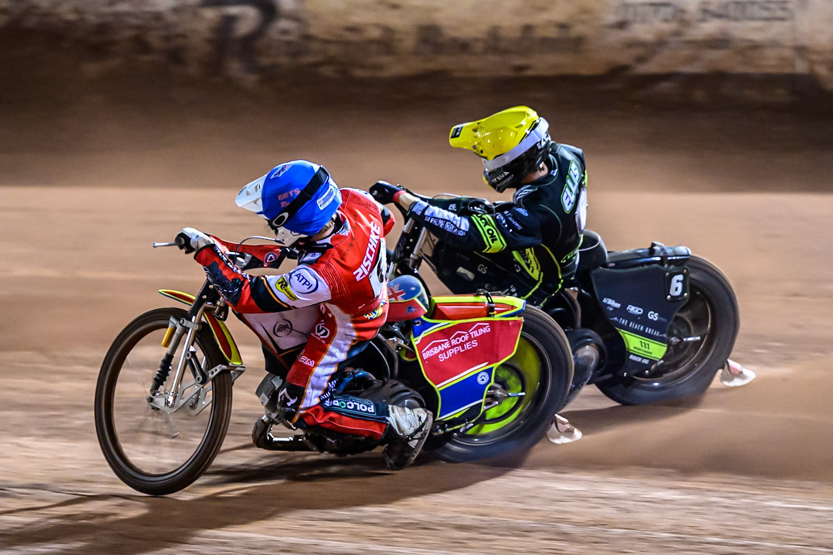 Tate Zischke of Belle Vue Aces  in Blue rides inside Adam Ellis of Ipswich Witches  in Yellow during the Rowe Motor Oil Premiership Play Off Semi Final 1 (1st Leg)  between Belle Vue Aces and Ipswich Witches at the National Speedway Stadium, Manchester on Monday 8th September 2025. (Photo: Ian Charles | MI News)