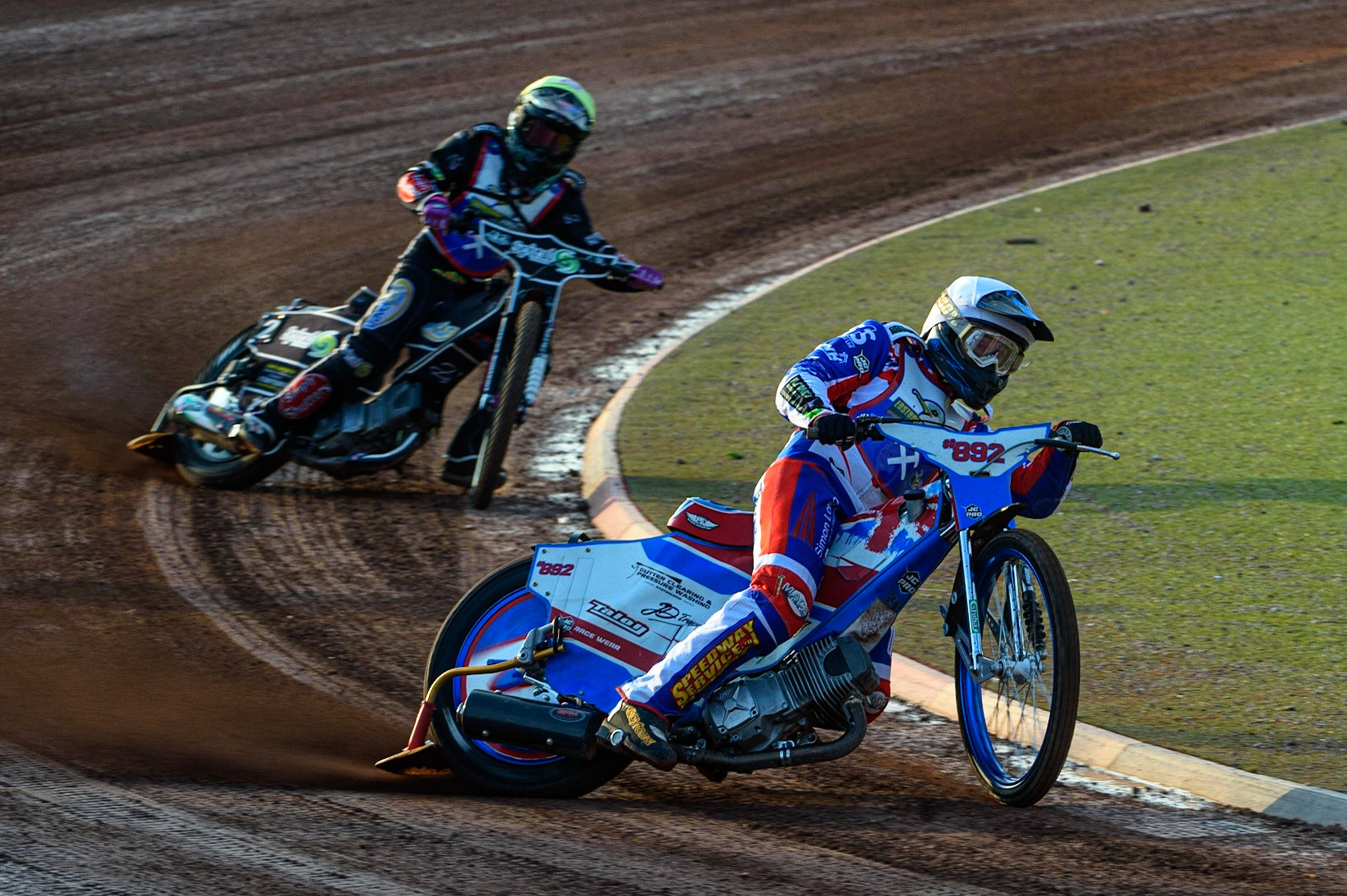MANCHESTER, UK. JULY 23RD Jake Knight (White) leads Connor King (Yellow) during the National Development League match between Belle Vue Colts and Eastbourne Seagulls at the National Speedway Stadium, Manchester on Friday 23rd July 2021. (Credit: Ian Charles | MI News)