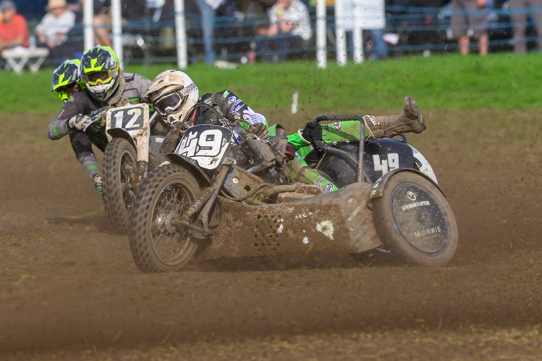 British Masters 1000cc Sidecars: Gareth Winterburn/Frankie Courtney (49) leading Neal Owen/Jason Farwell (12) during the British Masters Grasstrack Championship at Lower Marsh Farm, Much Hoole, Preston in Lancashire, England on Sunday 13th September 2026. (Photo: Ian Charles | MI News)