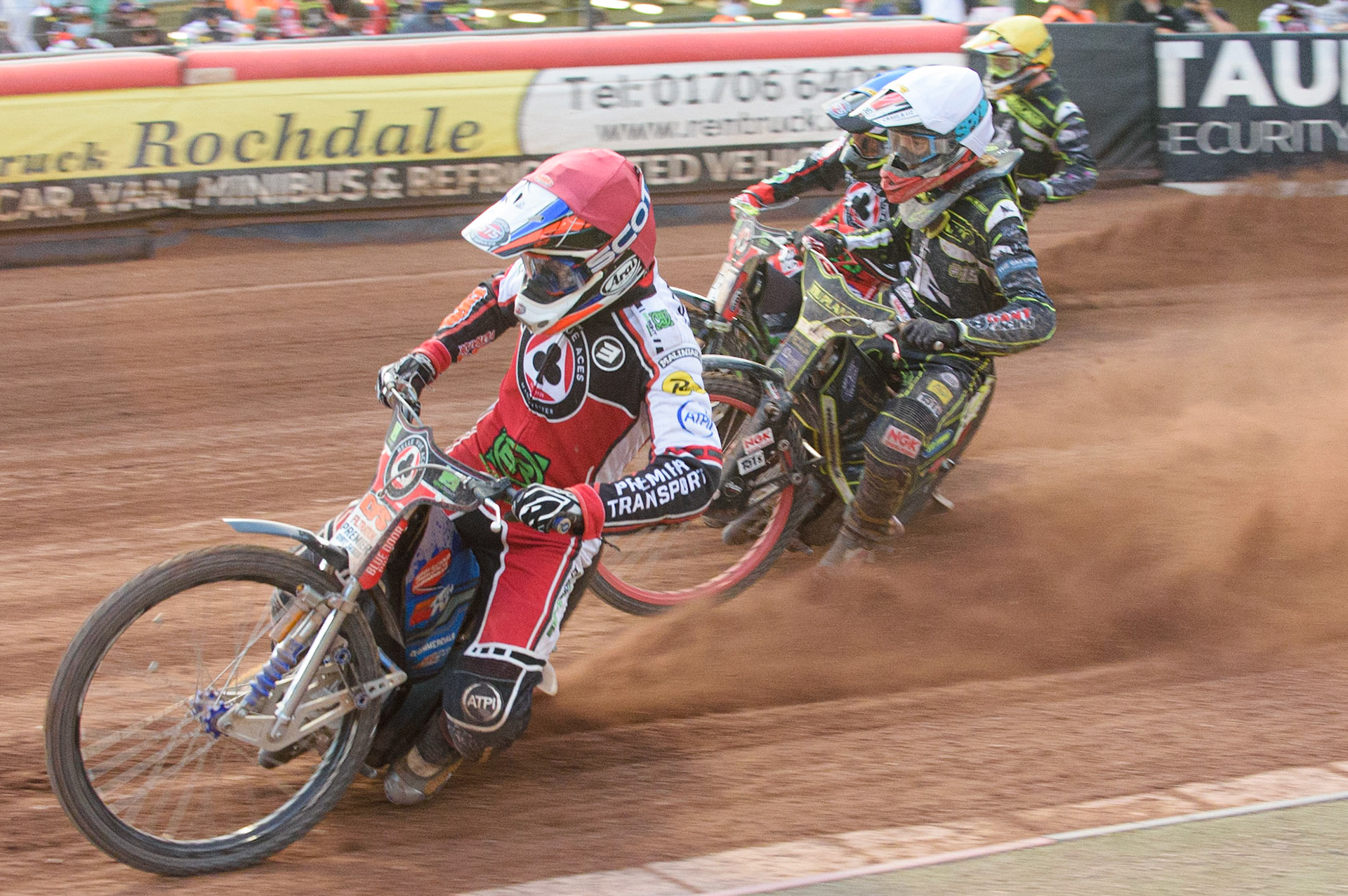 MANCHESTER, UK. JUNE 7TH   Steve Worrall  (Red) leads Drew Kemp (White), Charles Wright  (Blue) and Jake Allen  (Yellow) during the SGB Premiership match between Belle Vue Aces and Ipswich Witches at the National Speedway Stadium, Manchester on Monday 7th June 2021. (Credit: Ian Charles | MI News)