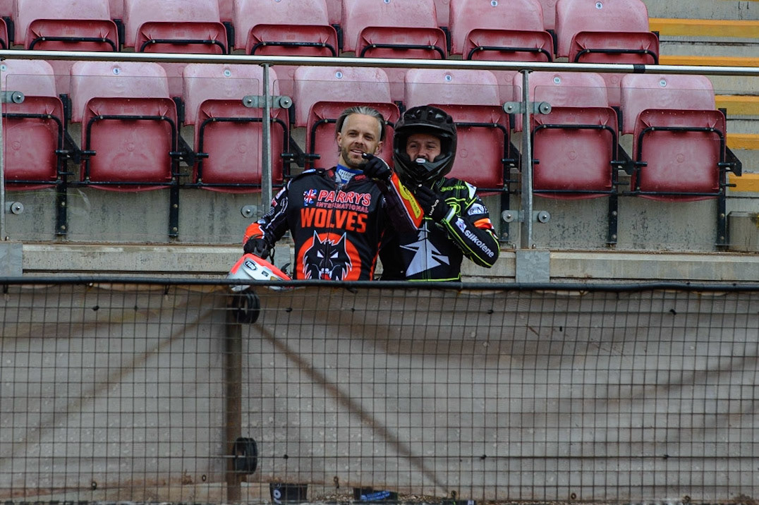 Photo: Ian CharlesRory Schlein (l) and Danny King watch practiceDiscovery Networks Eurosport Speedway Season Launch, National Speedway Stadium, Manchester Wednesday  12  May  2021