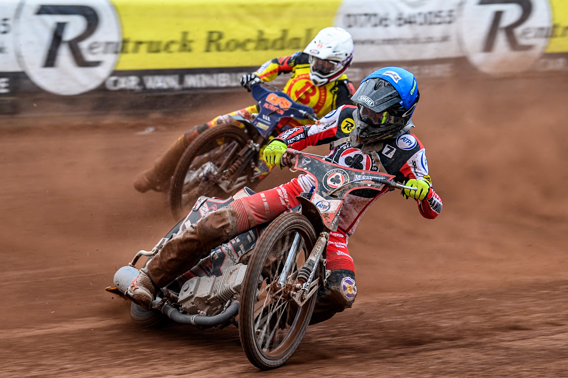 Belle Vue Aces' Connor Bailey  in Blue leading Birmingham Brummies' Steve Worrall  in White during the Rowe Motor Oil Premiership match between Belle Vue Aces and Birmingham Brummies at the National Speedway Stadium, Manchester on Monday 6th May 2024. (Photo: Ian Charles | MI News)
