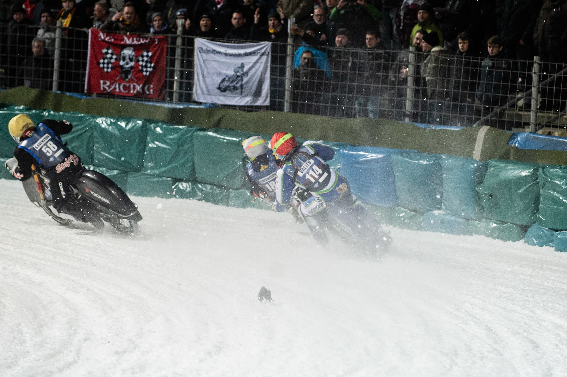Photo: Ian Charles

Stefan Svensson (58) hits a rut inside Andrei Shishegov (181) and Dinar Valeev (114) causing Shishegov to fall

FIM Ice Speedway Gladiators World Championship, Final 3.1, Horst-Dohm Eisstadion, Berlin, Germany Saturday  2  March  2019