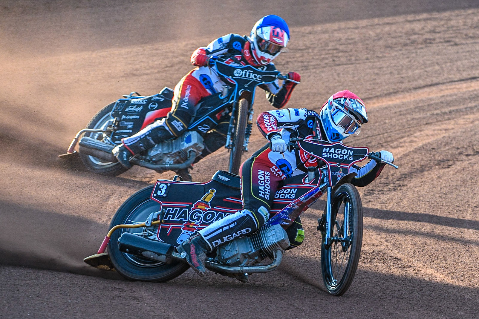 Sam Hagon (Red) leads team mate Freddy Hodder (Blue) during the National Development League match between Belle Vue Colts and Kent Royals at the National Speedway Stadium, Manchester on Friday 7th July 2023. (Photo: Ian Charles | MI News)