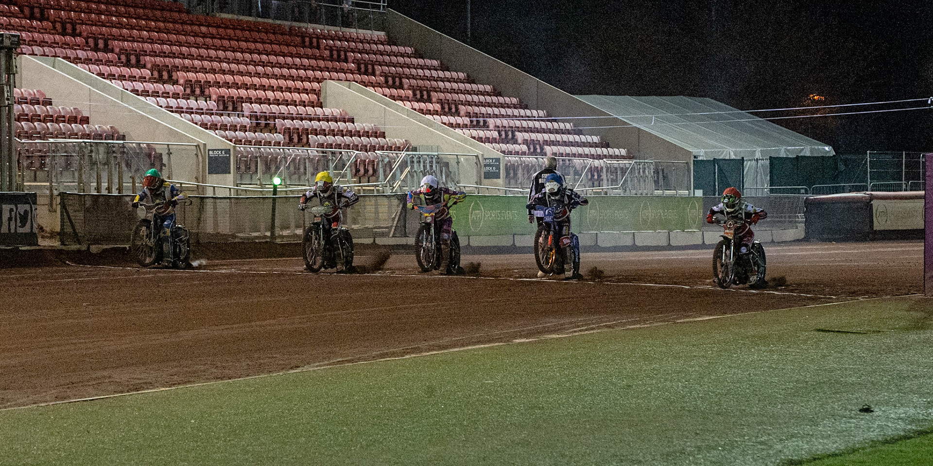 Photo: Ian CharlesThe start of the Last Chance Qualifier with 5 riders:(l-r) Richard Lawson (green), Steve Worrall (Yellow), Rory Schlein (White), Lewis Kerr (Blue) and Dan Bewley (Red)Peter Craven Memorial Trophy, National Speedway Stadium, Manchester Thursday  22  October  2020
