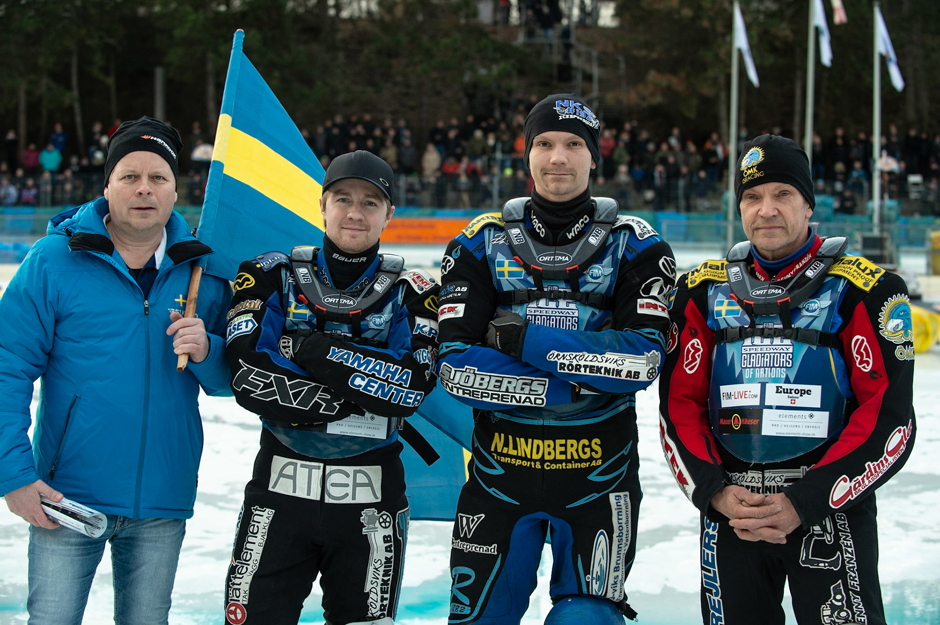 BERLIN GERMANY  - February 29  The Swedish team (l-r) Mikael Messing (Manager), Martin Haarahiltunen, Niclas Svensson and Stefan Svensson  during theIce Speedway of Nations (Day 1) at the Horst-Dohm-Eisstadion, Berlin,  on Saturday 29 February 2020. (Credit: Ian Charles | MI News)