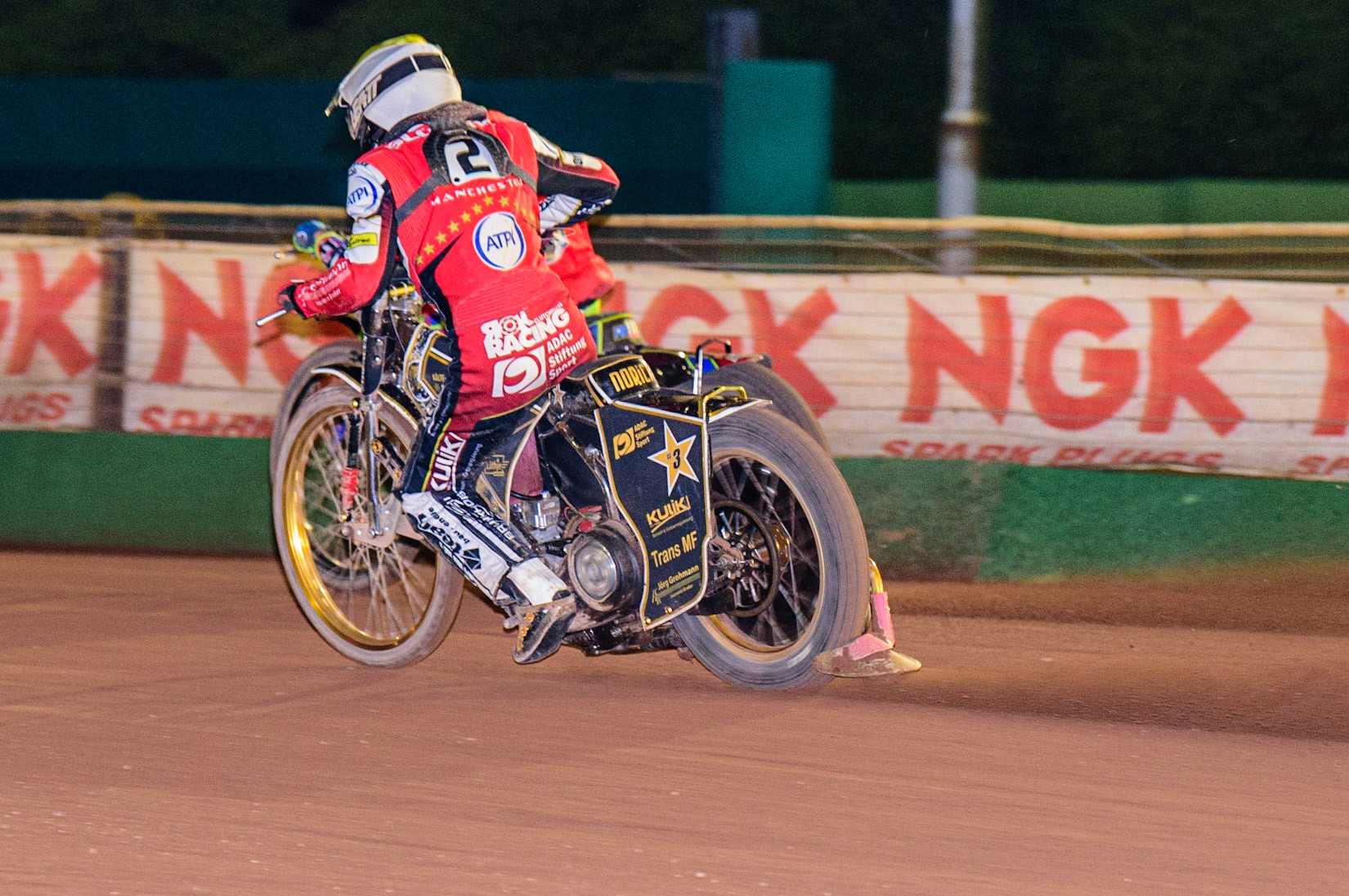 Norick Blodorn  (White) chases team mate Anders Rowe  (partially hidden) during the SGB Premiership Knock Out Cup Quarter Final 1st Leg between Wolverhampton Wolves and Belle Vue Aces at Monmore Green Stadium, Wolverhampton on Monday 10th April 2023. (Photo: Ian Charles | MI News)