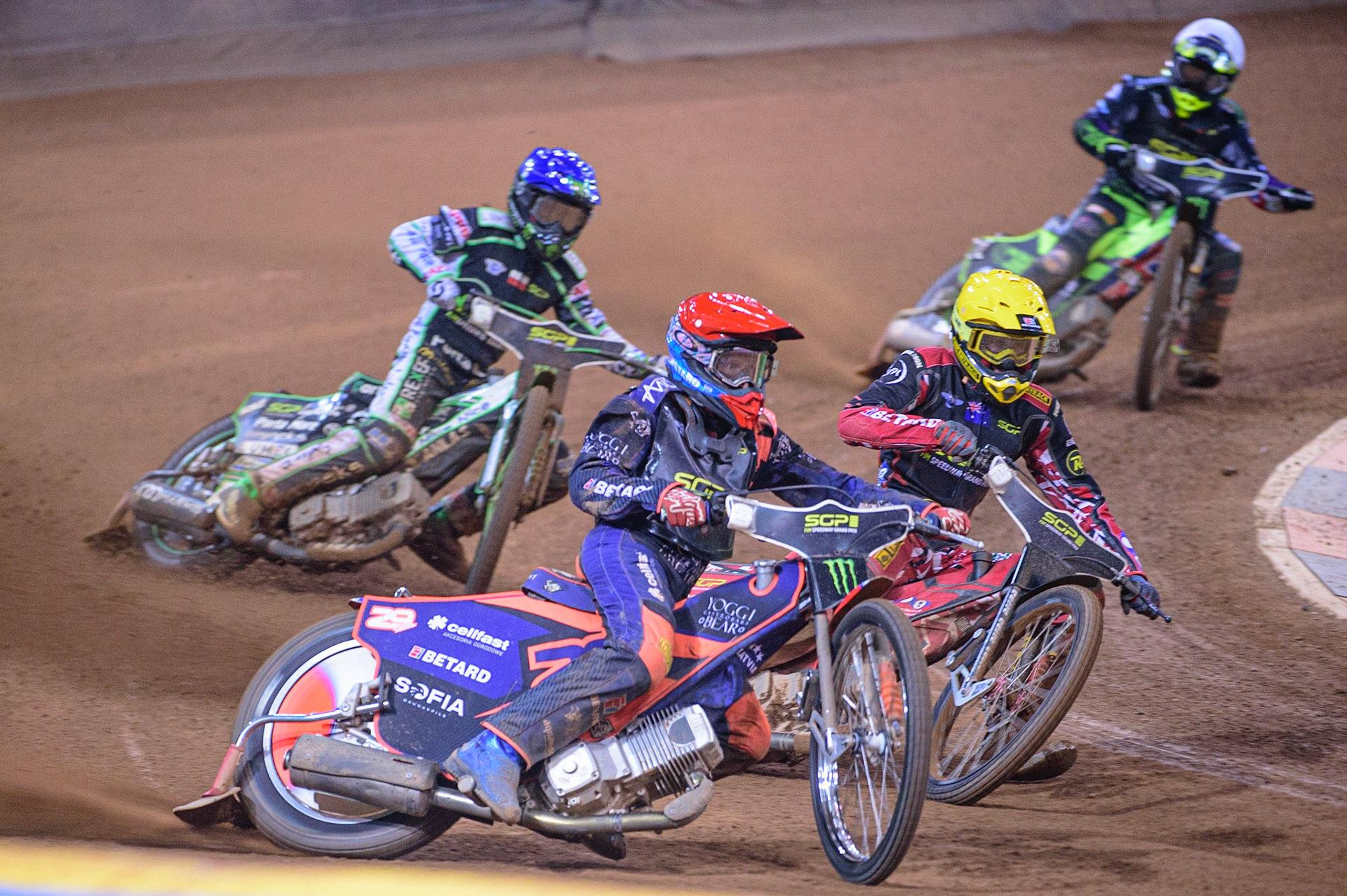 Andžejs Ļebedevs (29) (Red) outside Max Fricke (46) y\ with Patryk Dudek (692) (Blue) and Tom Brennan (17) (White) behind during the FIM  Speedway Grand Prix of Great Britain at the Principality Stadium, Cardiff on Saturday 13th August 2022. (Credit: Ian Charles | MI News