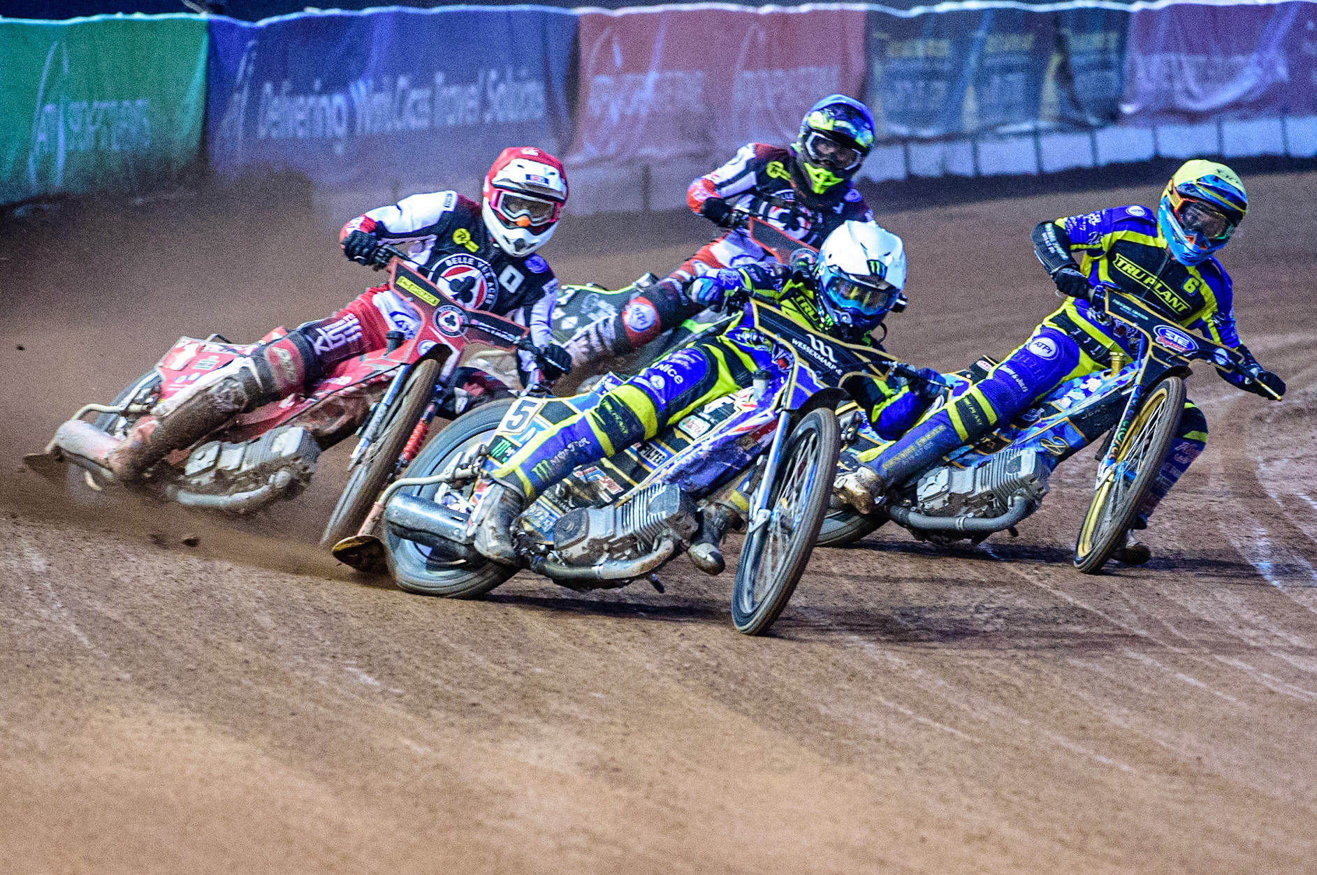 Jack Holder (White) leads Max Fricke  (Red) Justin Sedgmen  (Yellow) and Tom Brennan  (Blue) during the SGB Premiership match between Belle Vue Aces and Sheffield Tigers at the National Speedway Stadium, Manchester on Monday 5th September 2022. (Credit: Ian Charles | MI News)