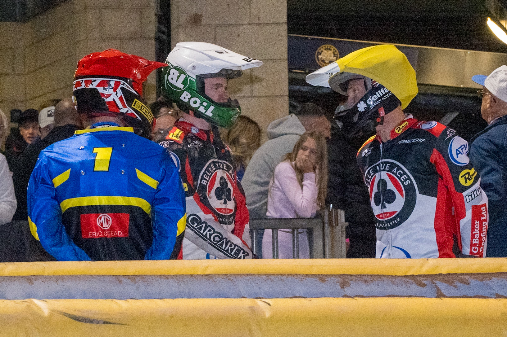 (L to R) Max Fricke, Guest Rider for Sheffield Tigers  , Brady Kurtz of Belle Vue Aces  and Jason Doyle of Belle Vue Aces chat before their next heat during the Rowe Motor Oil Premiership match between Sheffield Tigers and Belle Vue Aces at Owlerton Stadium, Sheffield on Monday 31st August 2026. (Photo: Ian Charles | MI News)