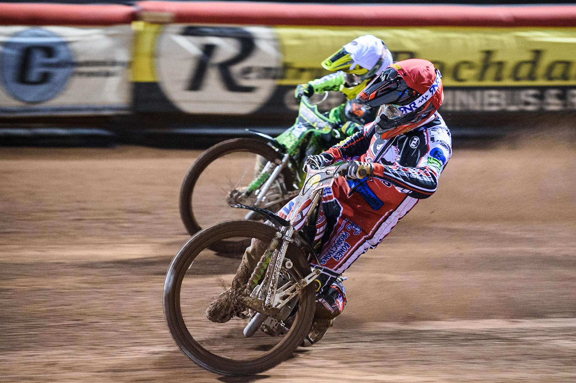 MANCHESTER, SEPT 3RD. Jack Parkinson-Blackburn (Red) inside Sam Bebee  (White) during the National Development League match between Belle Vue Aces and Mildenhall Fens Tigers at the National Speedway Stadium, Manchester on Friday 3rd September 2021. (Credit: Ian Charles | MI News)